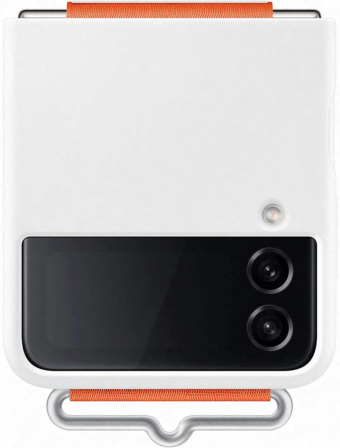 Samsung Silicone Cover with Strap for Galaxy Z Flip4 - White/Orange - Image 2