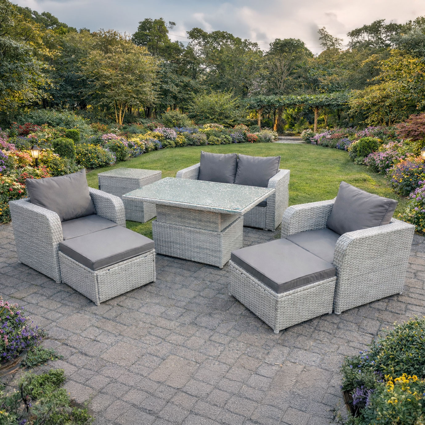 Rackhams Light/Grey 6 Seater Pe Rattan Sofa Set With Reclining Chair, Adjustable Coffee/Dining Table, Sofa, 2 Large Footstools, Side Table