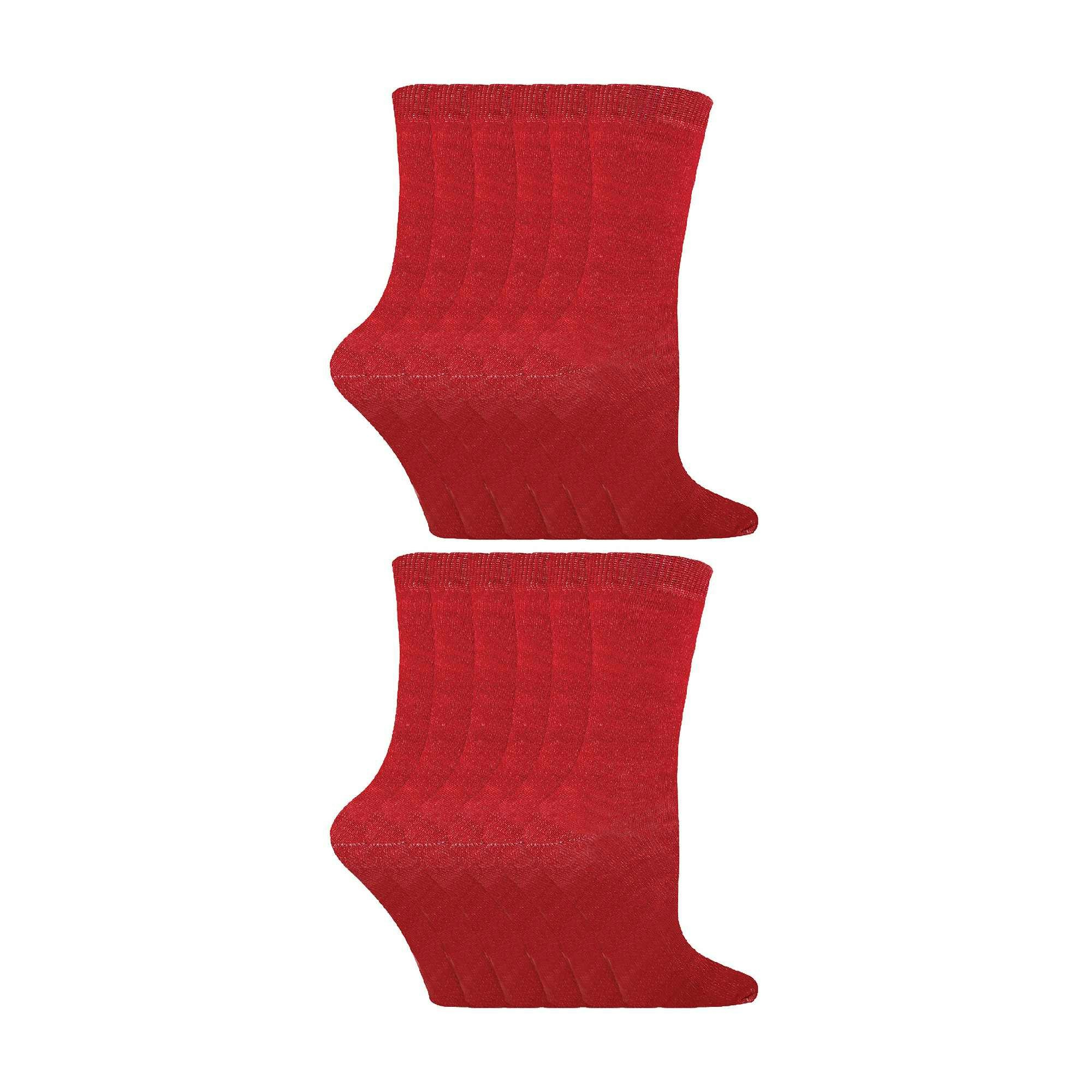 Sock Snob Red 12 Pair Kids Soft Cotton Colourful Casual Plain Dress Socks - 9-12 Uk