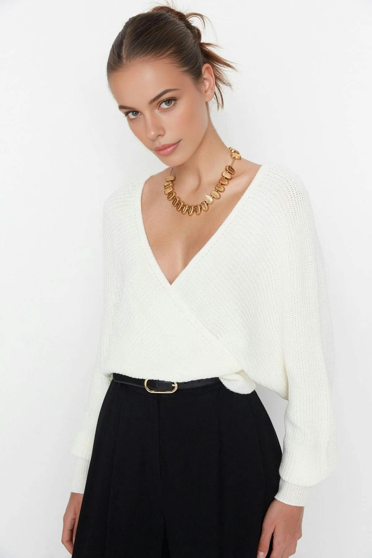 Wovcor White Wrap Front Knitted Jumper - S