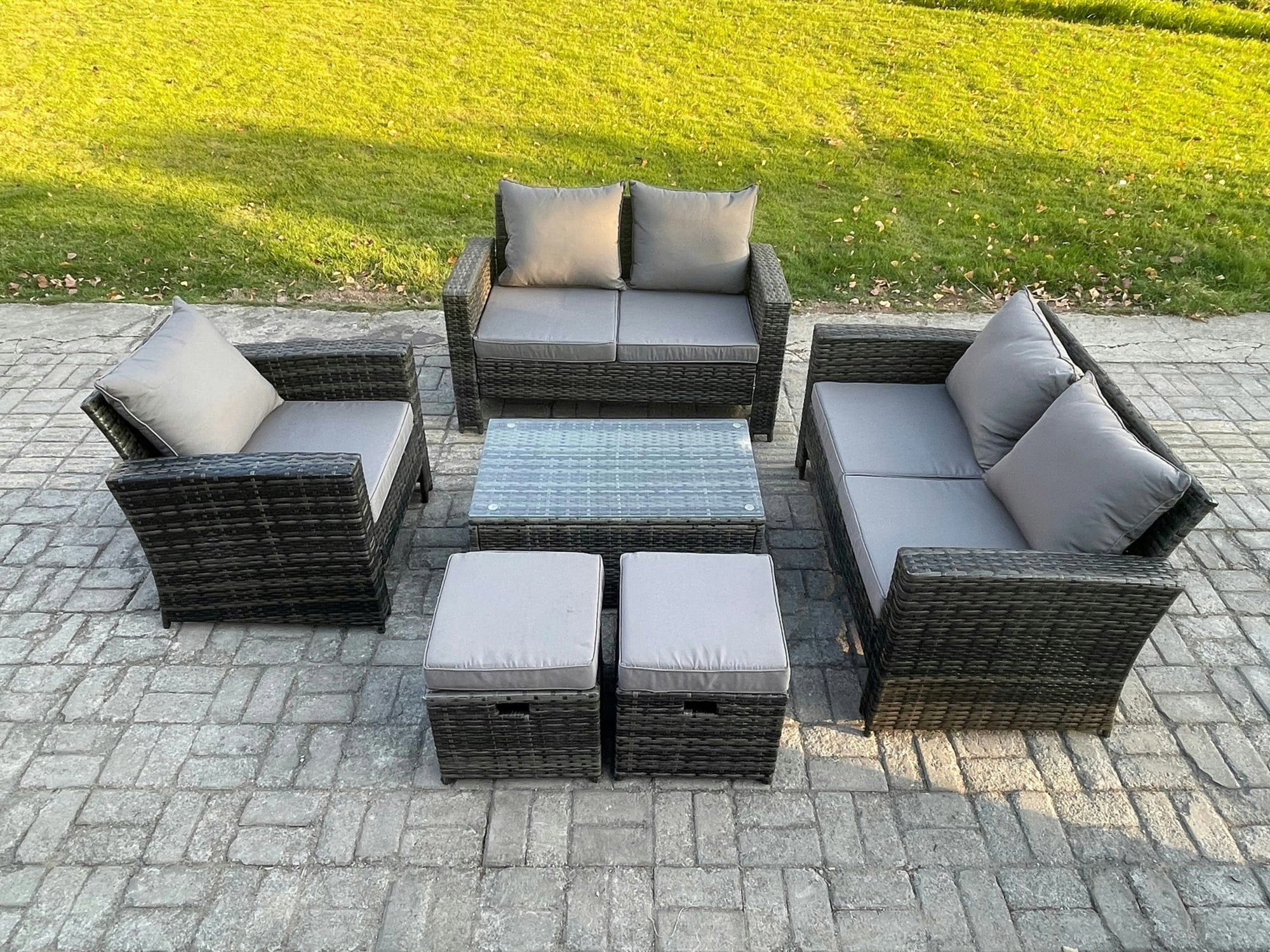 Fimous Dark/Grey Rattan Garden Furniture Set 7 Seater Patio Outdoor Lounge Sofa Chair Set With Rectangular Coffee Table 2 Small Footstools Mixed