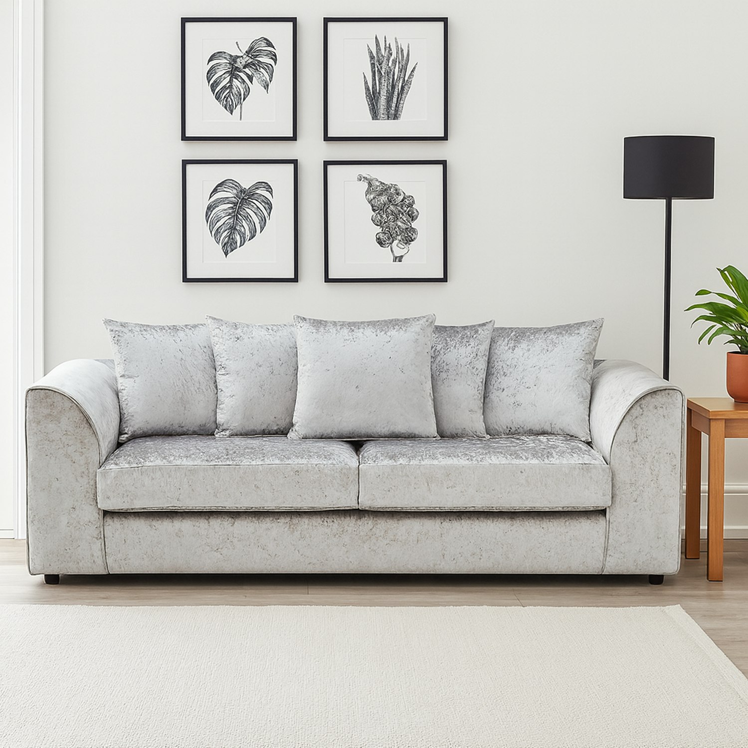 Furnishings For Less Silver Crystal Crushed Velvet 3 Seater Sofa Scatter Back