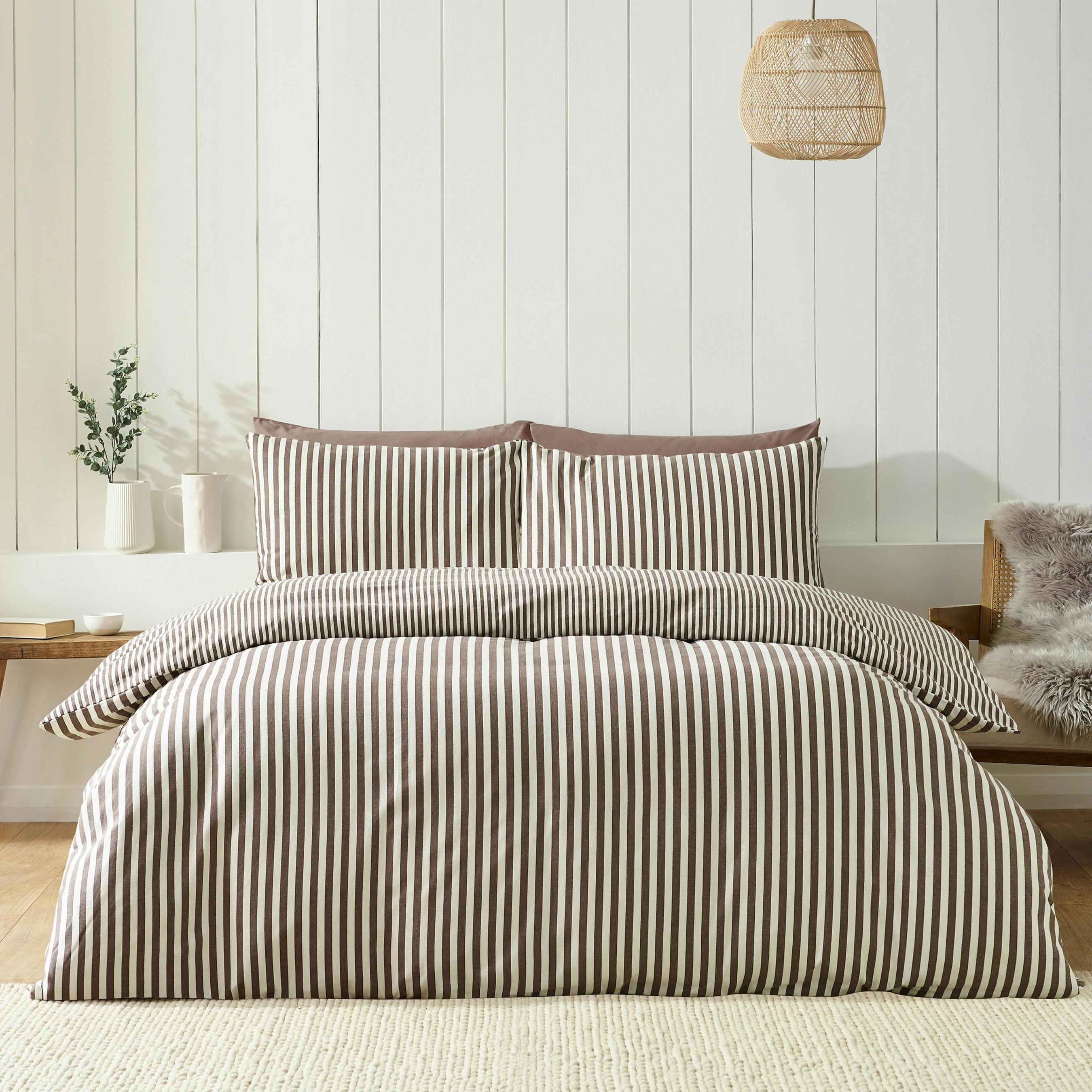 Catherine Lansfield Blue Brushed Stripe Cotton Reversible Duvet Cover Set Chocolate - Single - Chocolate