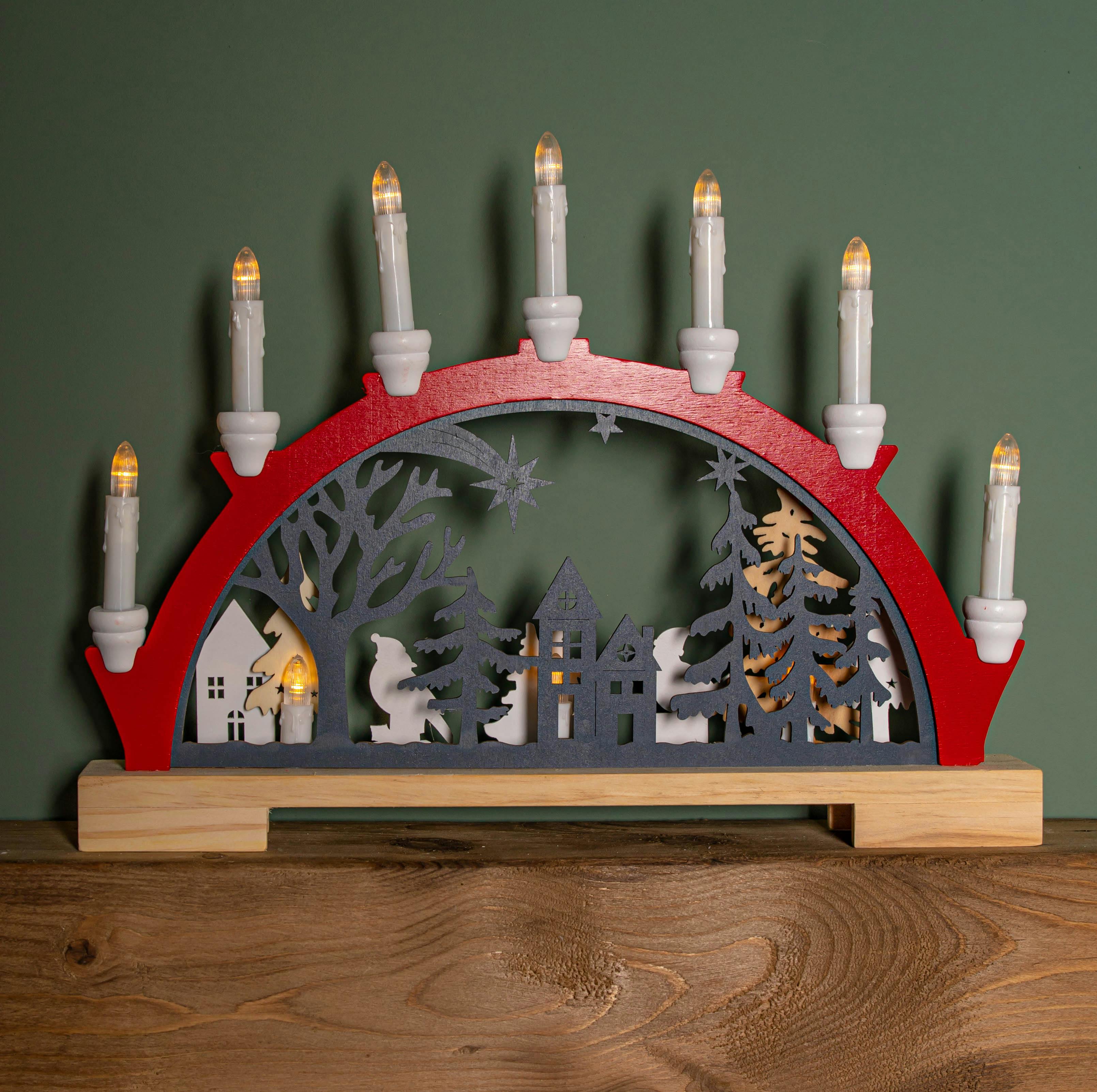 Rackhams Light/Red/White 45Cm Battery Operated Up Wooden Christmas Candle Bridge With 9 Warm Leds