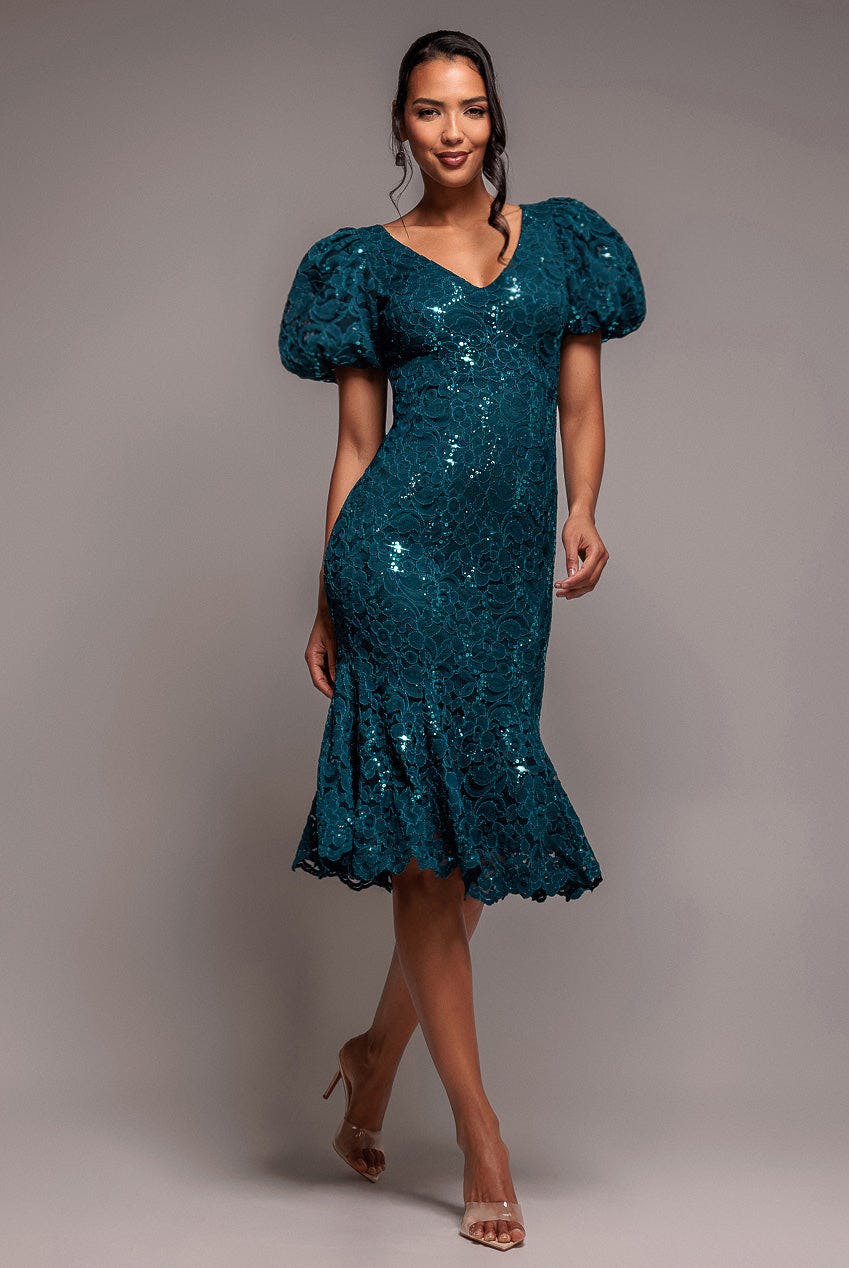 Goddiva Blue Sequin Lace Puff Sleeve Fit & Flare Midi Dress - Teal By - Teal - 10