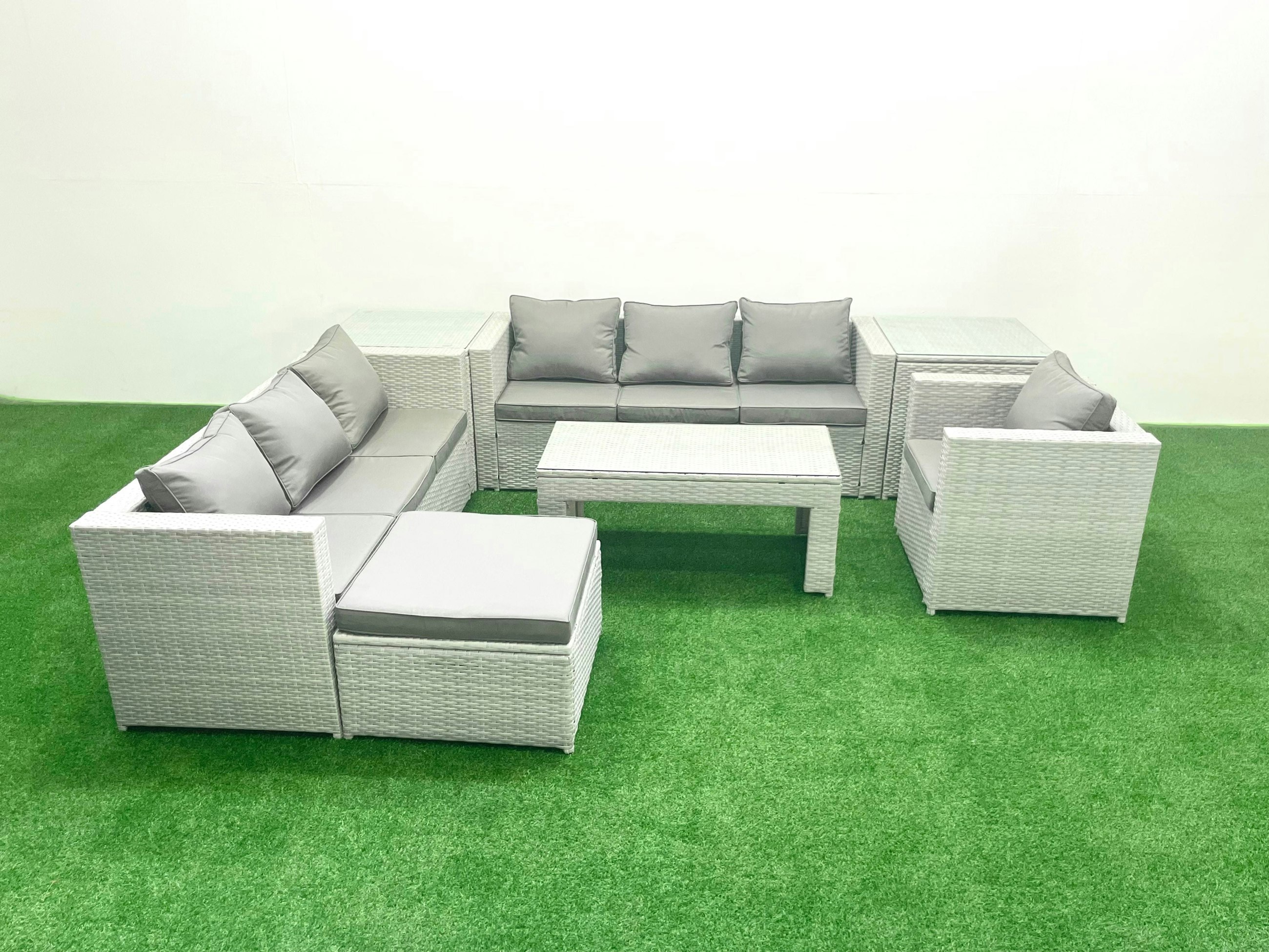 Fimous Light/Grey Wicker Pe Rattan Sofa Garden Furniture Set With Oblong Coffee Table Armchair Big Footstool 2 Side Tables Mixed
