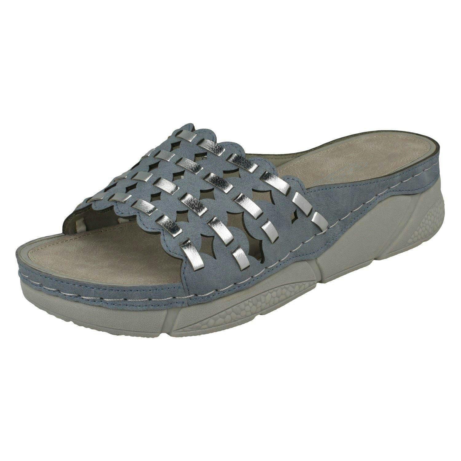 Spot On Women's Light/Blue Mid Wedge Mules F10945 - Uk 5