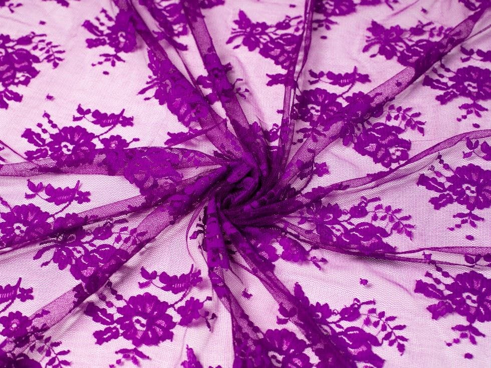 Minerva Fuchsia Core Range Deadstock Chantilly Tulle Lace Fabric - Flowers Design Dressmaking Fabric, 130 Cm / 52" Wide - Per Metre