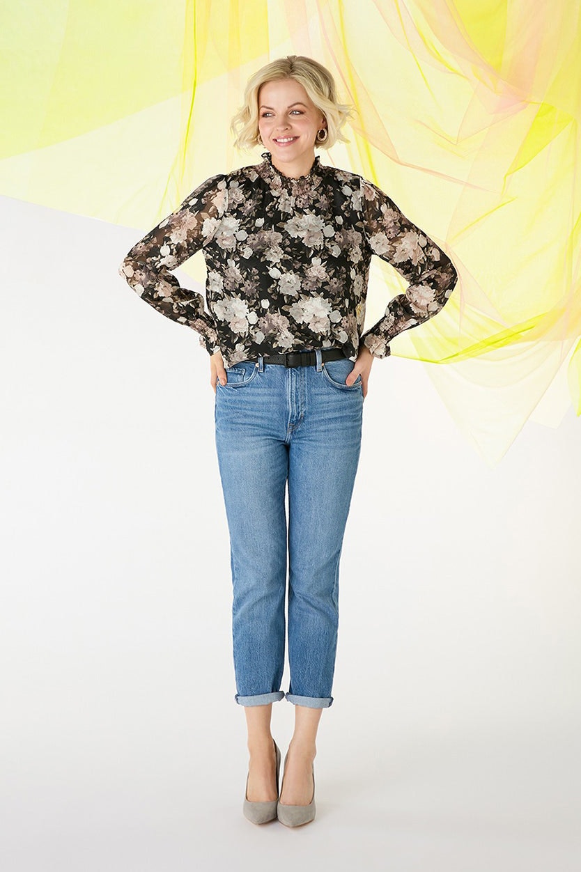 Izabel London Women's Black Floral High Shirred Neck Blouse - 8
