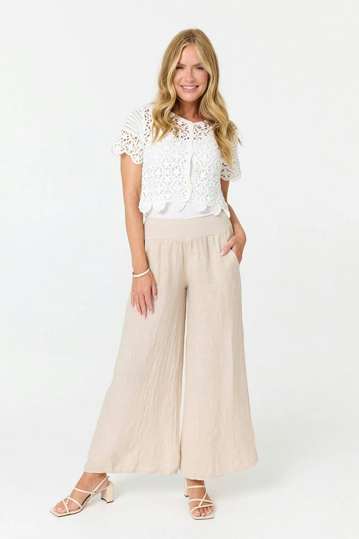 Izabel London White Crochet Texture Short Sleeve Button Top - M/L
