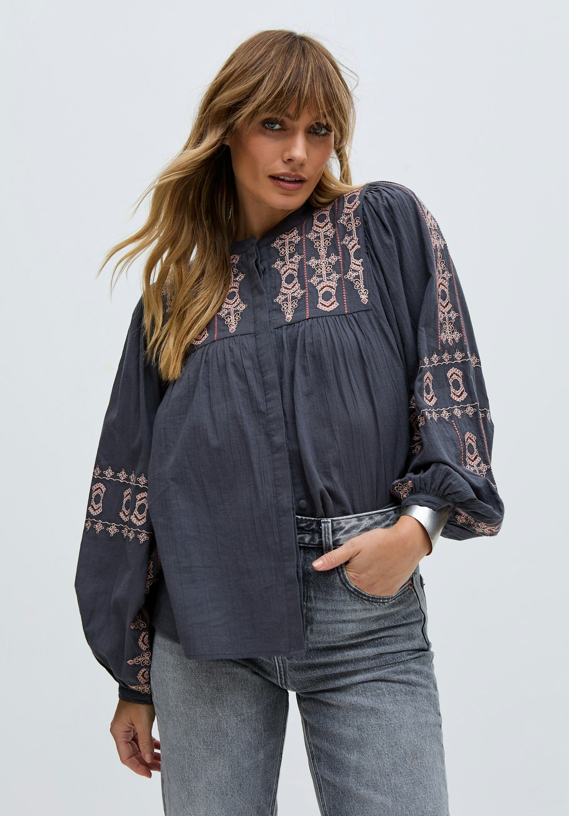 Raffya Grey Demi Embroidered Balloon Sleeve Shirt - Size 10