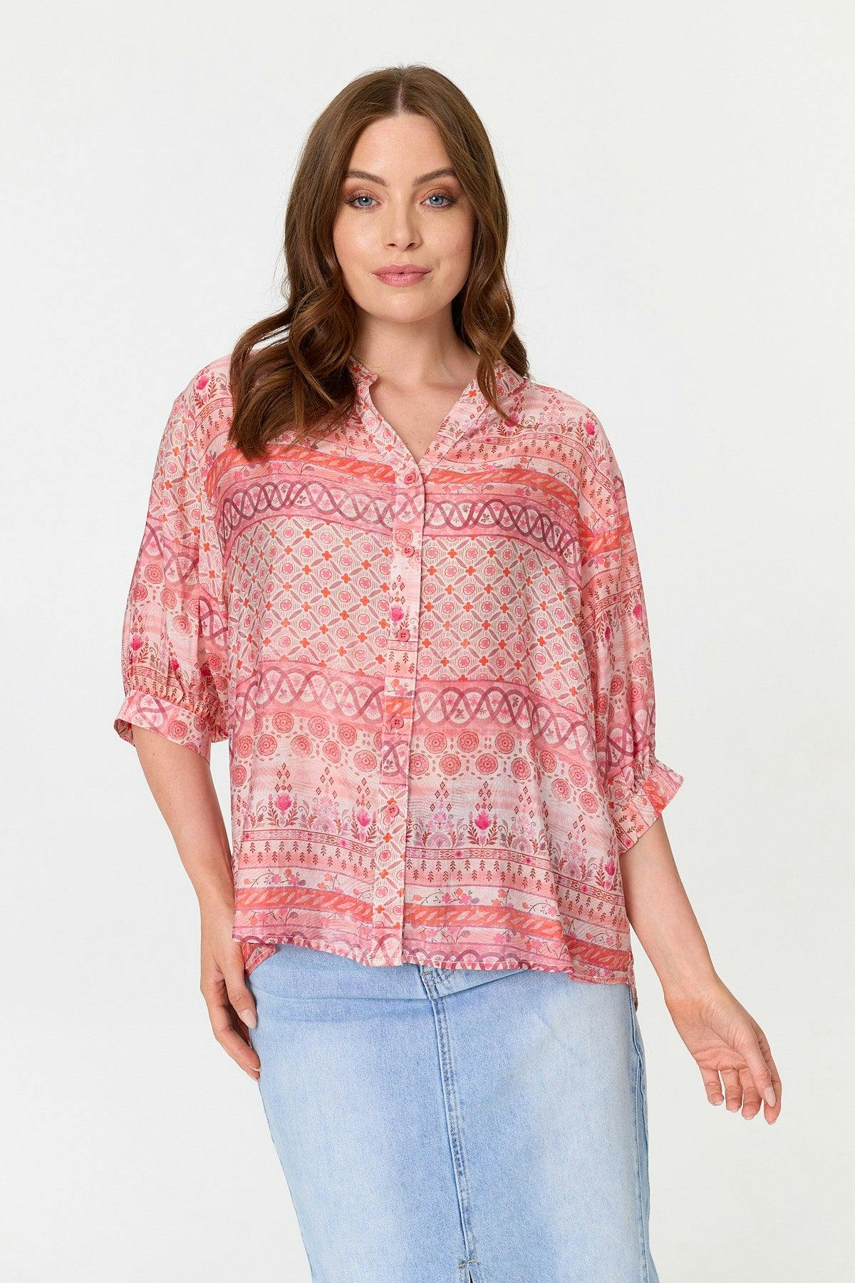 Izabel London Pink Abstract 3/4 Sleeve Relaxed Tunic Shirt - 10