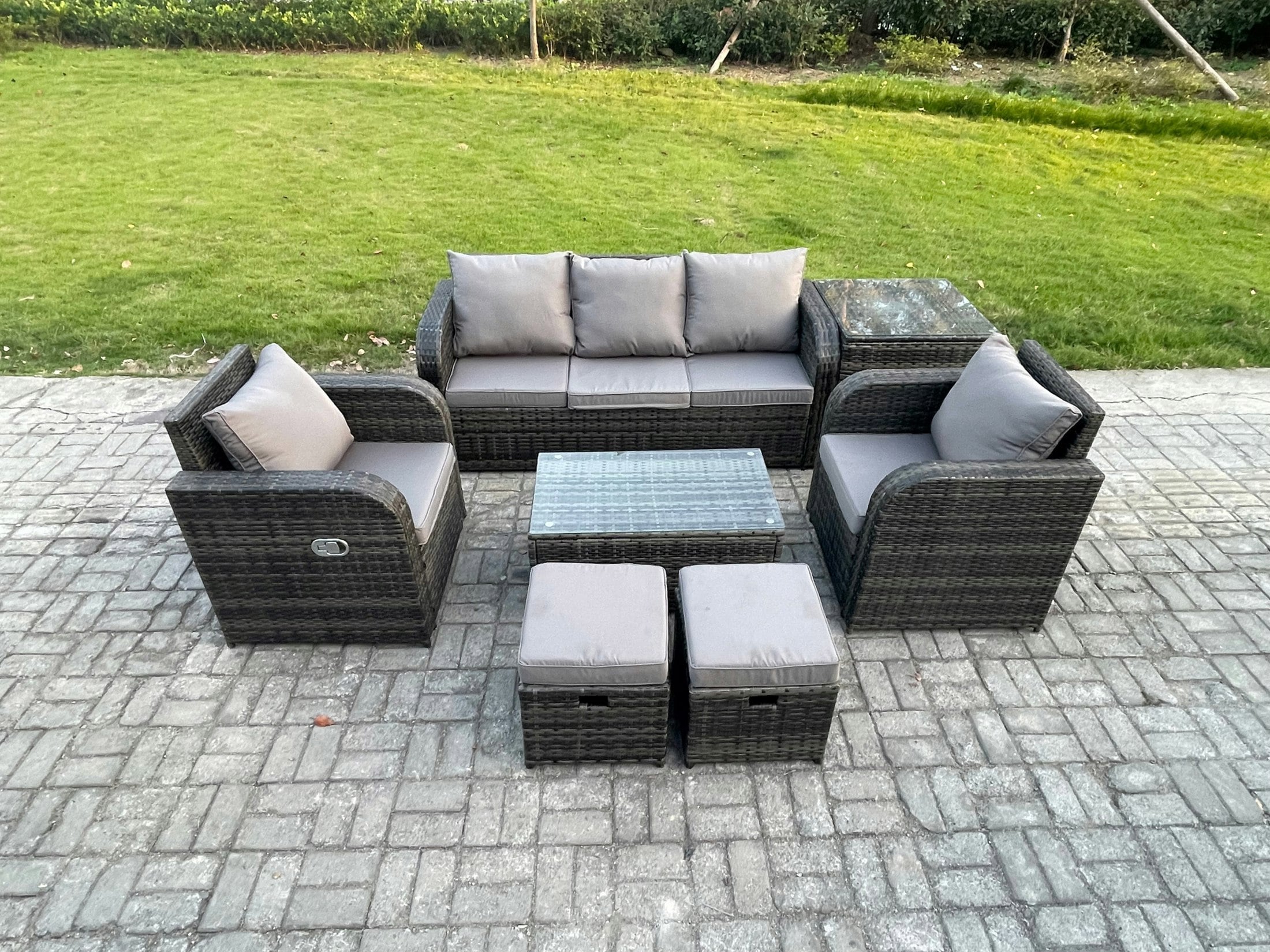 Fimous Dark/Grey Outdoor Rattan Garden Lounge Sofa Set - Mixed Patio Furniture With Reclining Chair & Rectangular Coffee Table