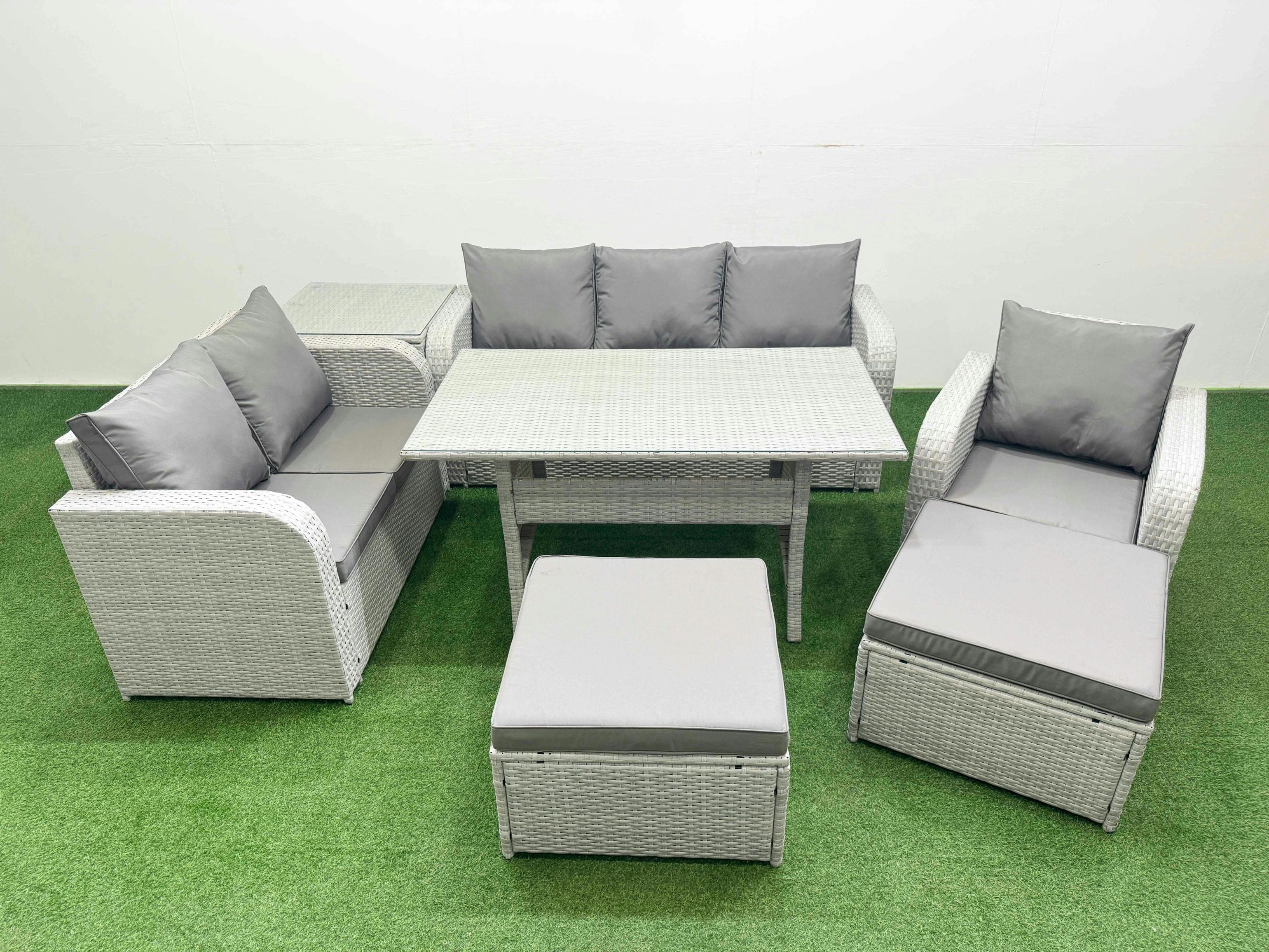 Fimous Light/Grey 8 Seater Pe Rattan Garden Furniture Patio Set, Dining Table, Reclining Chair, Loveseat, 3 Seater Sofa, 2 Big Footstools, Side Table,