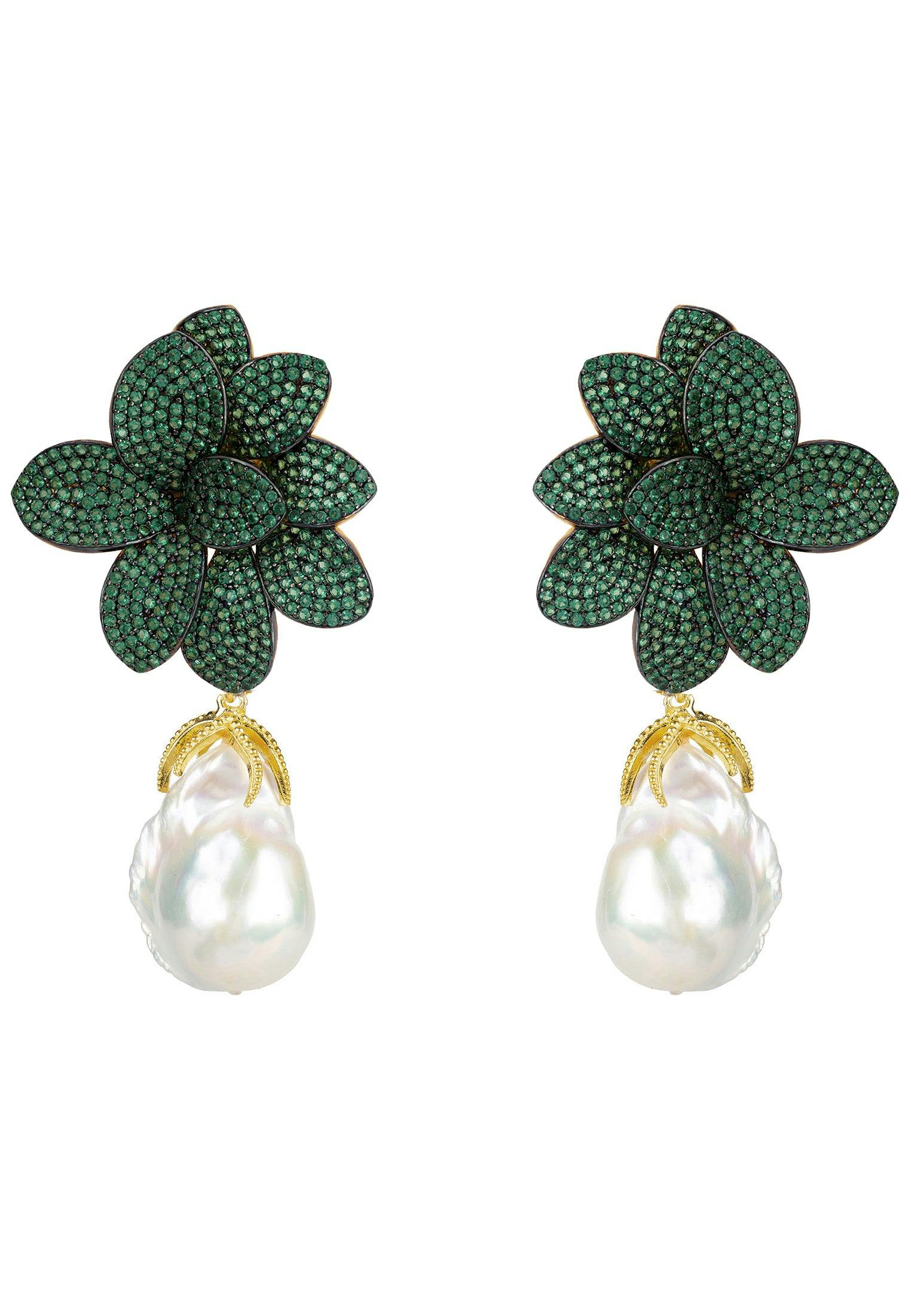 Latelita Green/Gold Amaryllis Flower Baroque Pearl Drop Earrings