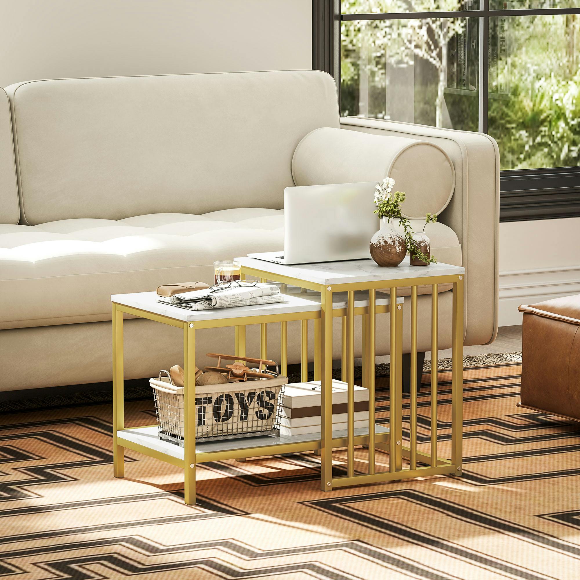 Homcom Gold Modern Coffee Table Set Of Two W/ Steel Frame Marble-Effect Tone