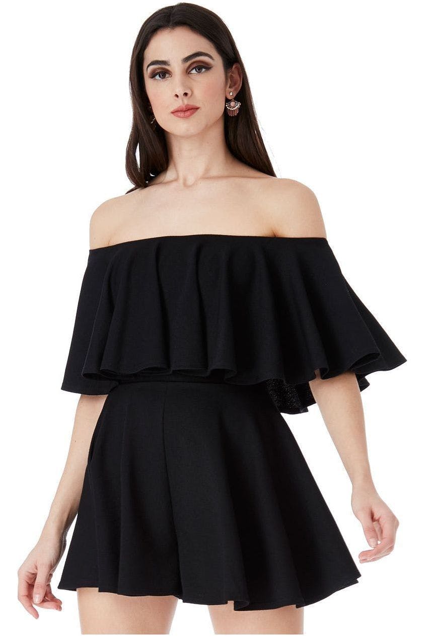 Goddiva Black Off The Shoulder Frill Neck Skater Playsuit - By - 12