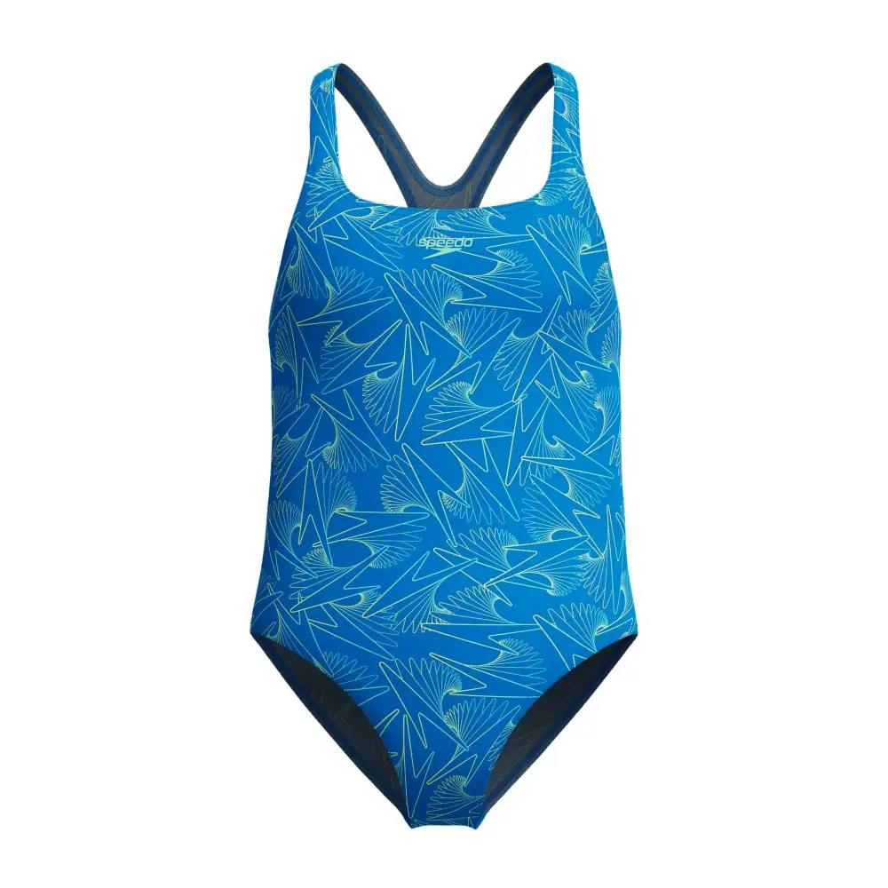 Speedo Girls Blue/Green Hyperboom Allover Medalist Swimsuit - Age 7-8