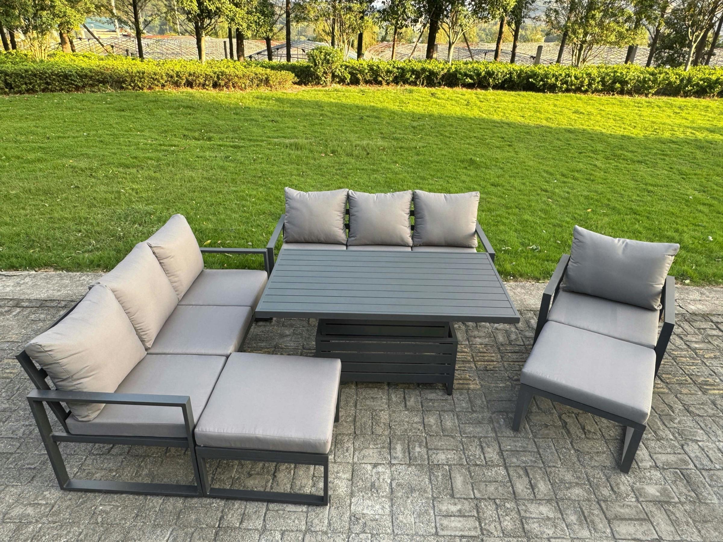 Rackhams Dark/Grey 9 Seater Aluminium Garden Furniture Set - Adjustable Rising Dining Table With 2 Footstools