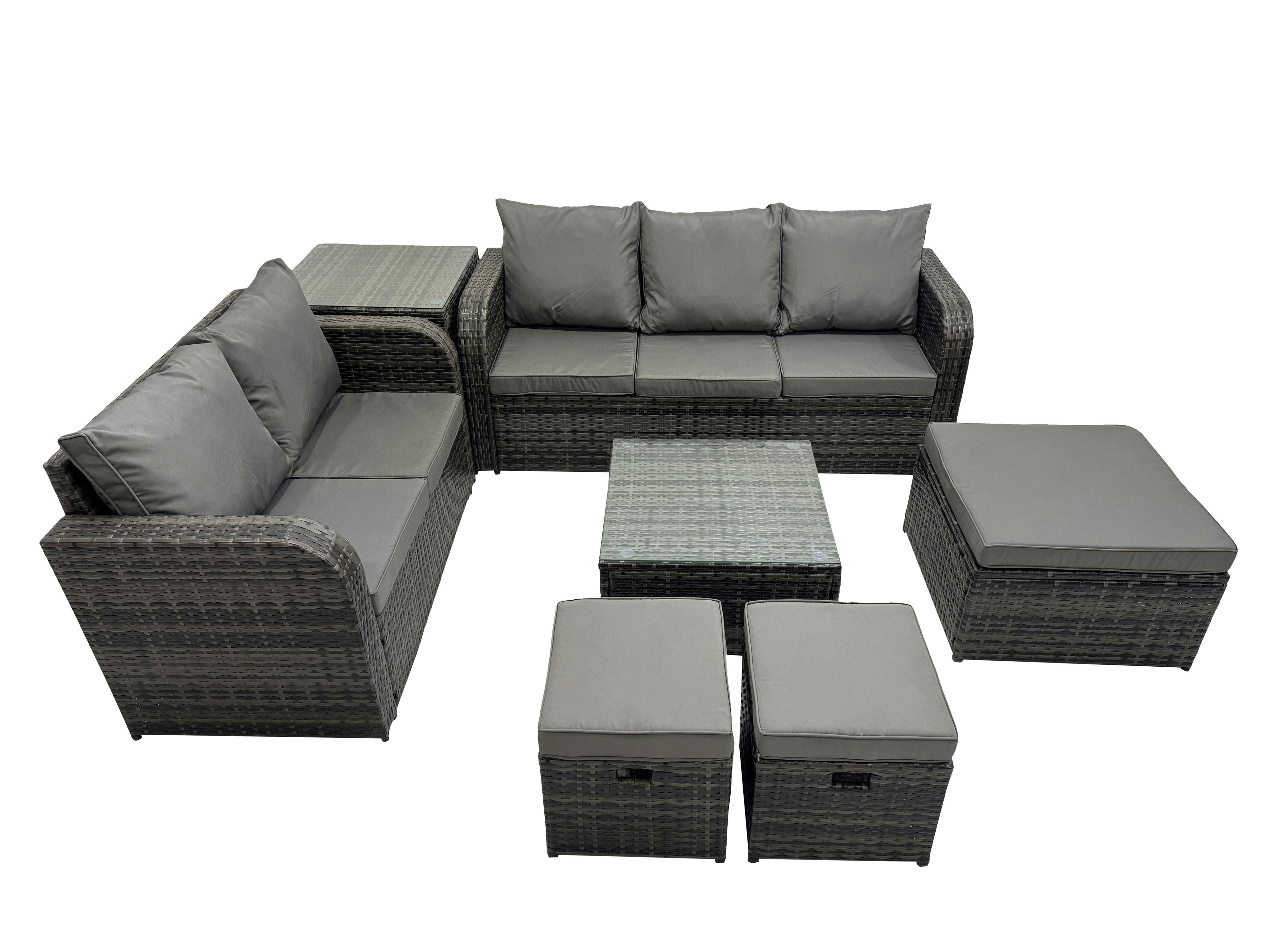 Fimous Dark/Grey Wicker Pe Rattan Garden Outdoor Furniture Set Love Sofa Square Coffee Table Set With 3 Stools Side Table Mixed