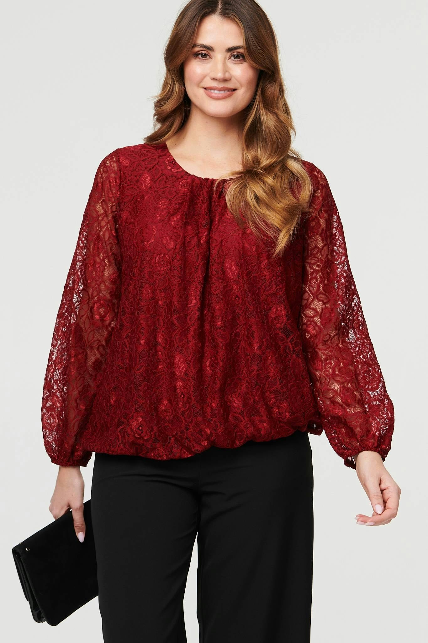 Izabel London Burgundy Floral Lace Semi Sheer Ruched Blouse - 14