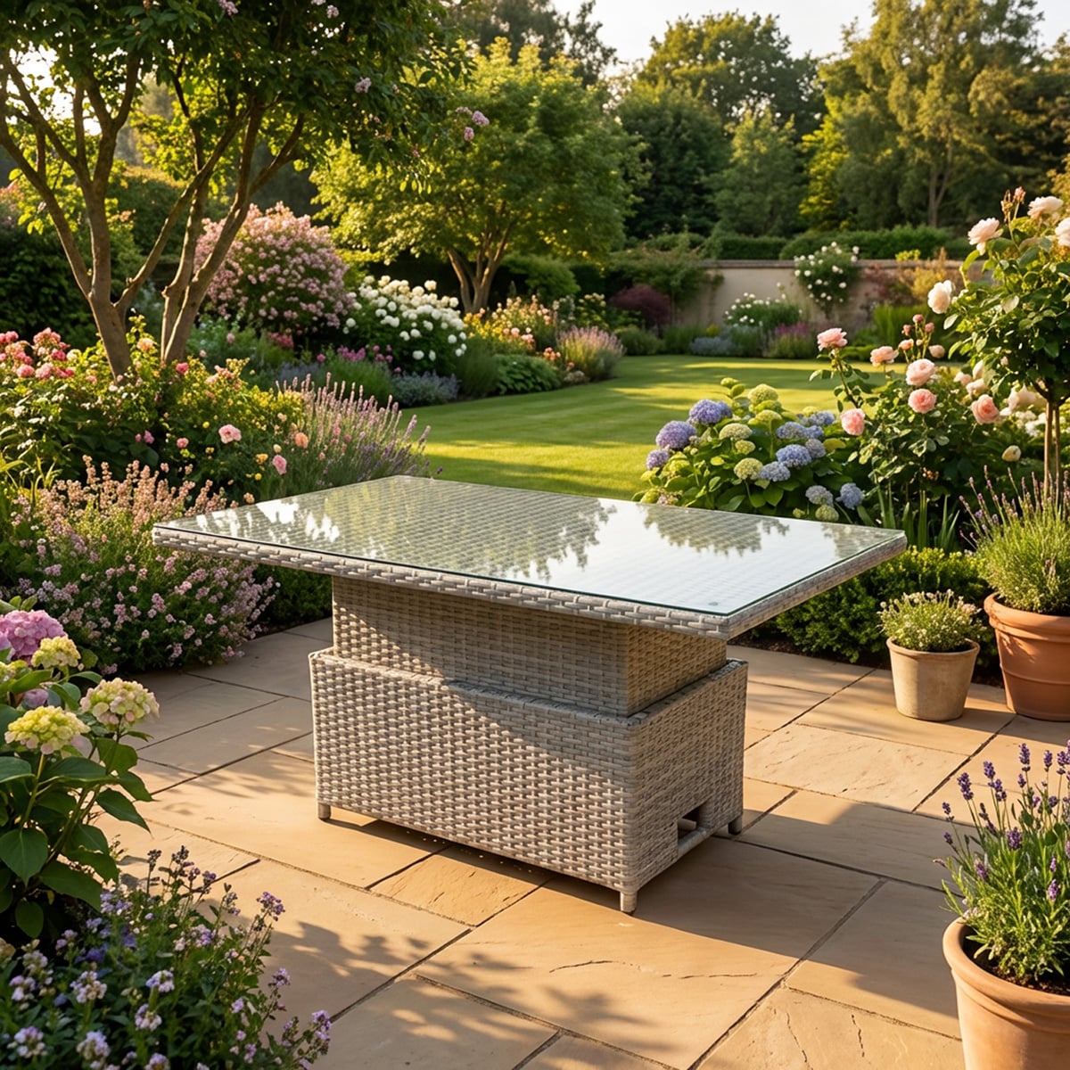 Fimous Light/Grey Rattan Adjustable Rising Dining Or Coffee Table In Mixed With Clear Tempered Glass