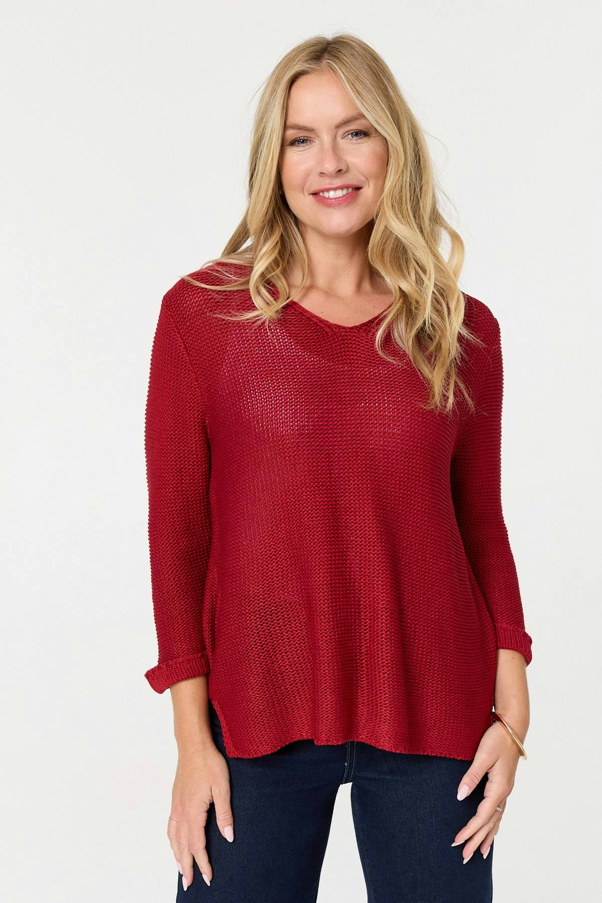 Izabel London Red Mesh Texture 3/4 Sleeve Relaxed Top - 8/10