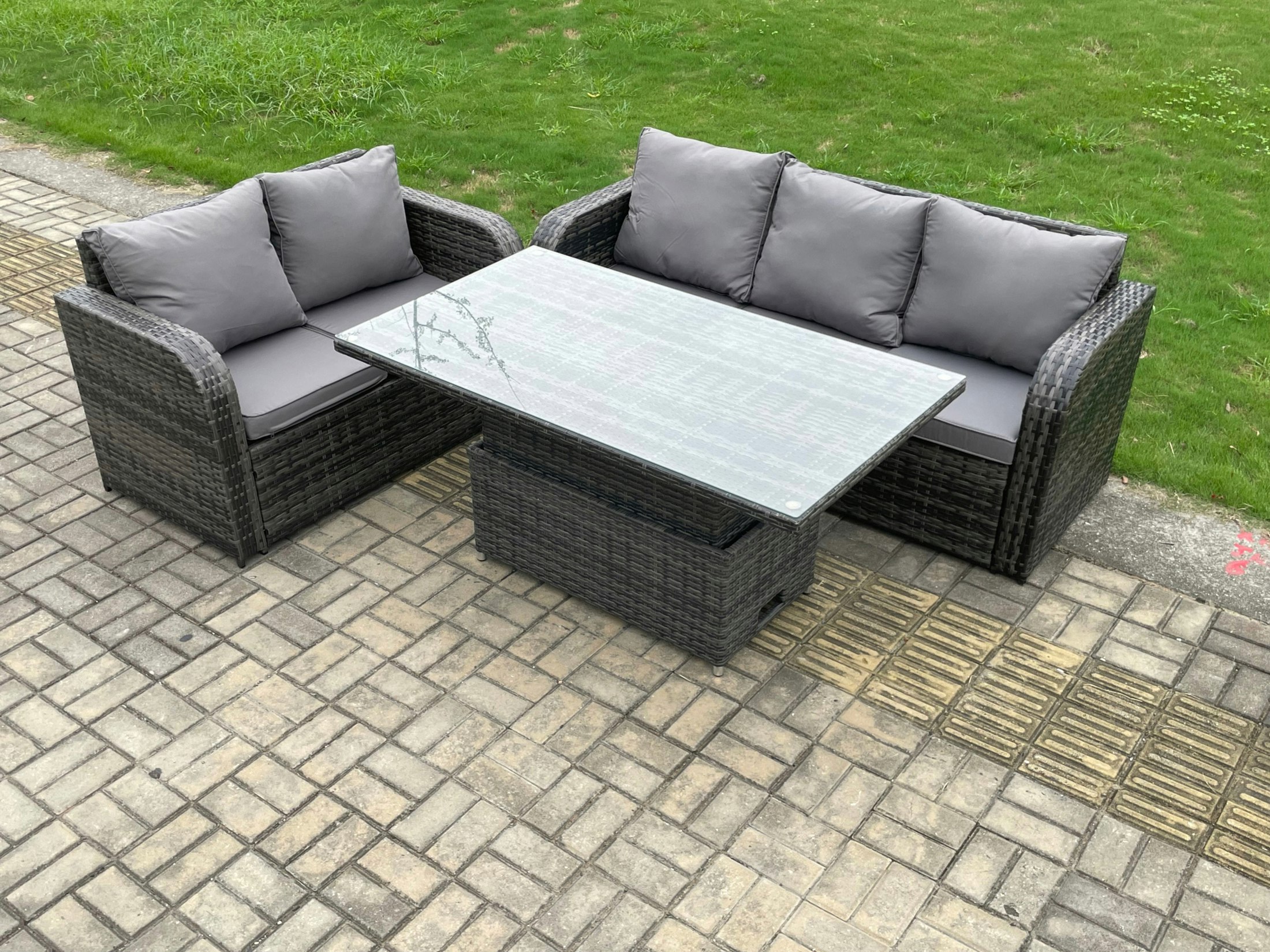 Rackhams Dark/Grey Outdoor Rattan Garden Furniture Sets Height Adjustable Rising Lifting Dining Table Lounge Sofa Set Mixed