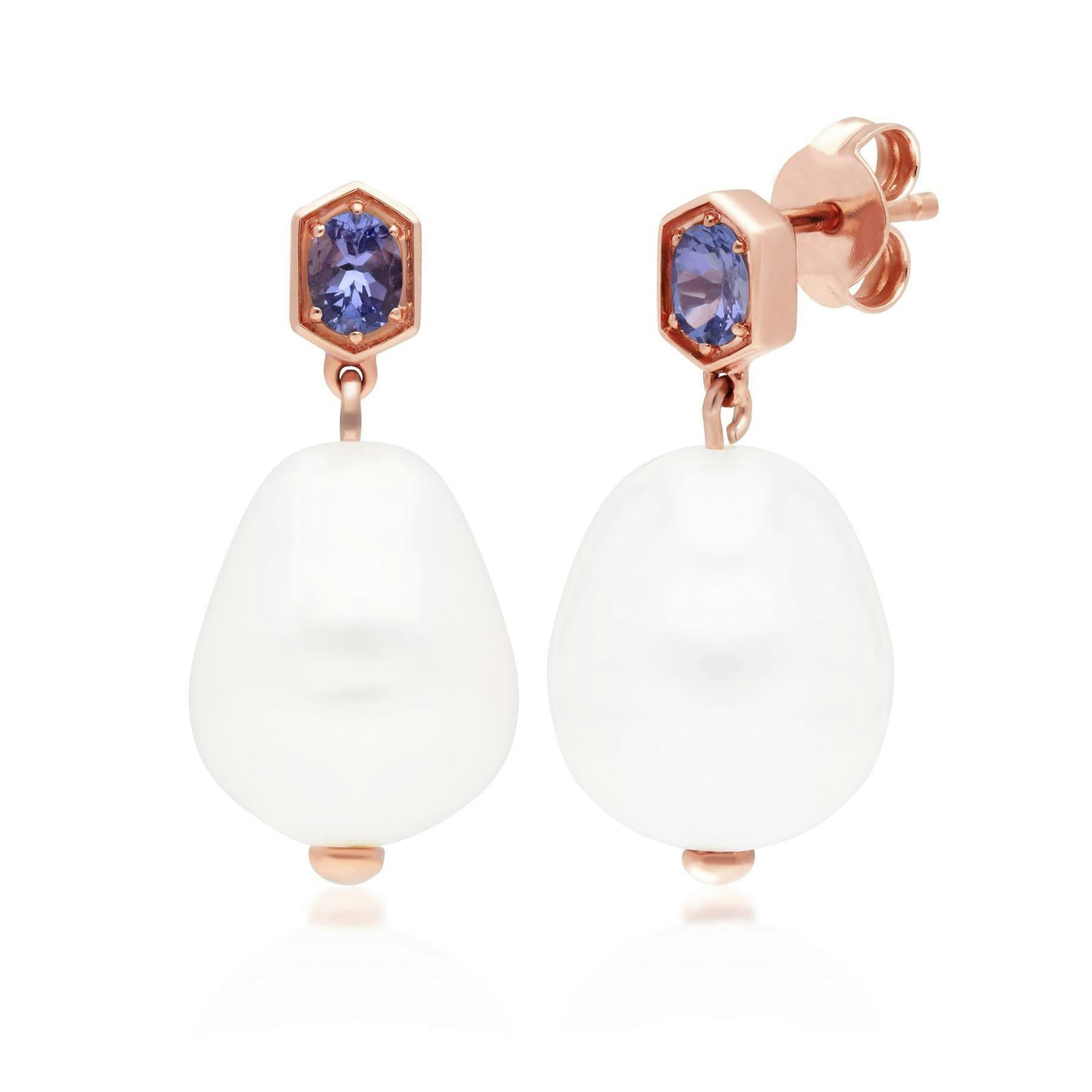 Gemondo Gold/Silver Modern Baroque Pearl & Tanzanite Drop Earrings In Rose Plated