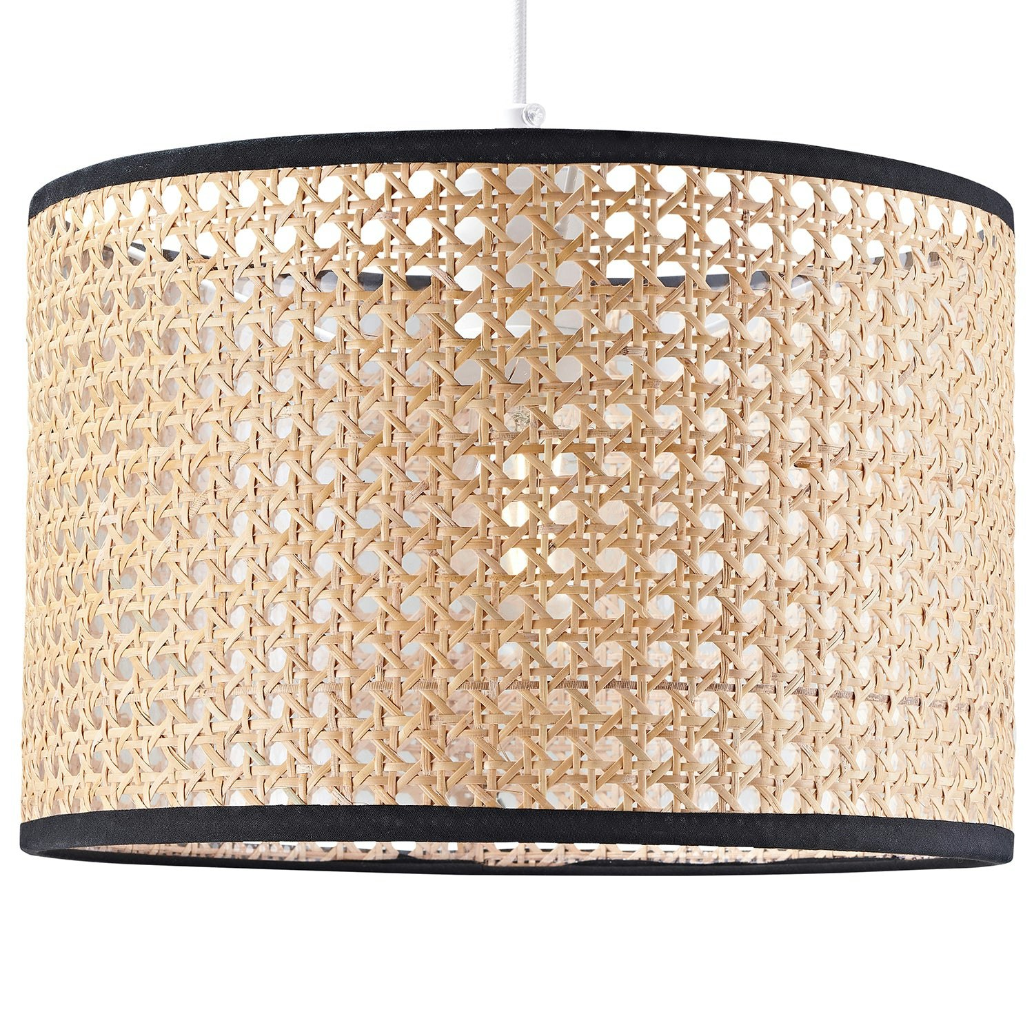 Happy Homewares Black Natural Wicker Rattan Drum Shaped Pendant Lamp Shade With Cotton Trims