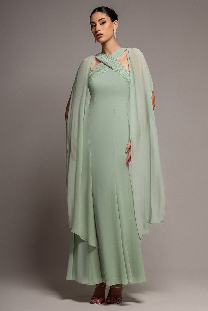 Goddiva Green Cross Front Scarf Back Chiffon Mermaid Maxi Dress - Sage By - Sage - 14