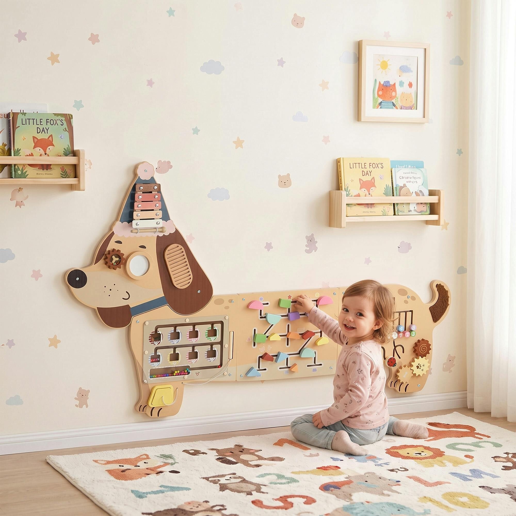 Aiyaplay Brown Montessori Inspired Busy Board, Wooden Dachshund Sensory Wall Panel For Kids Touch, Feel & Learn, Classroom, Playroom - Image 2