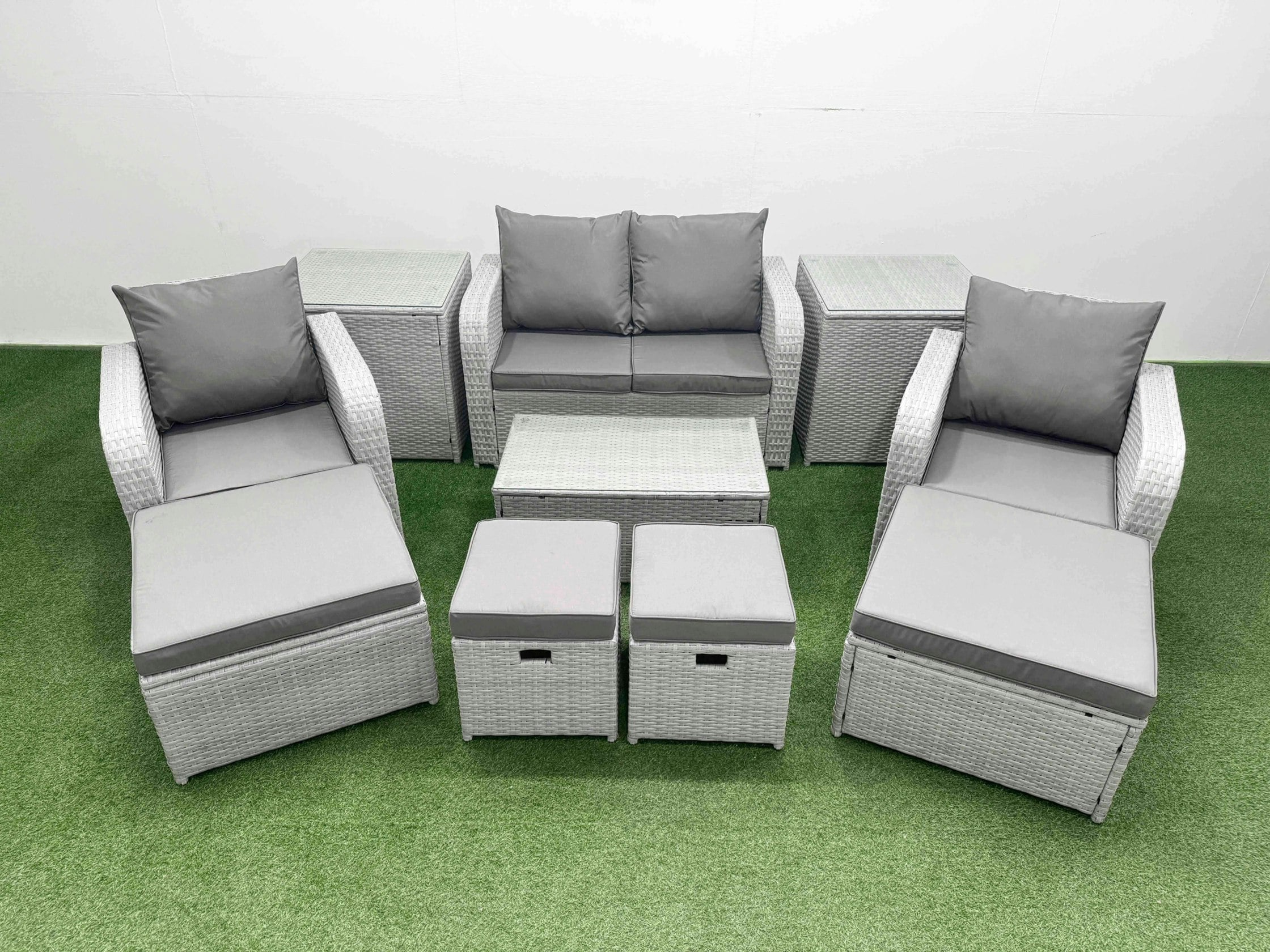 Fimous Light/Grey 10 Pcs Rectangular Coffee Table Set Reclining Chair Inclining Sofa Seat 2 Side Tables 2 Big Footstool