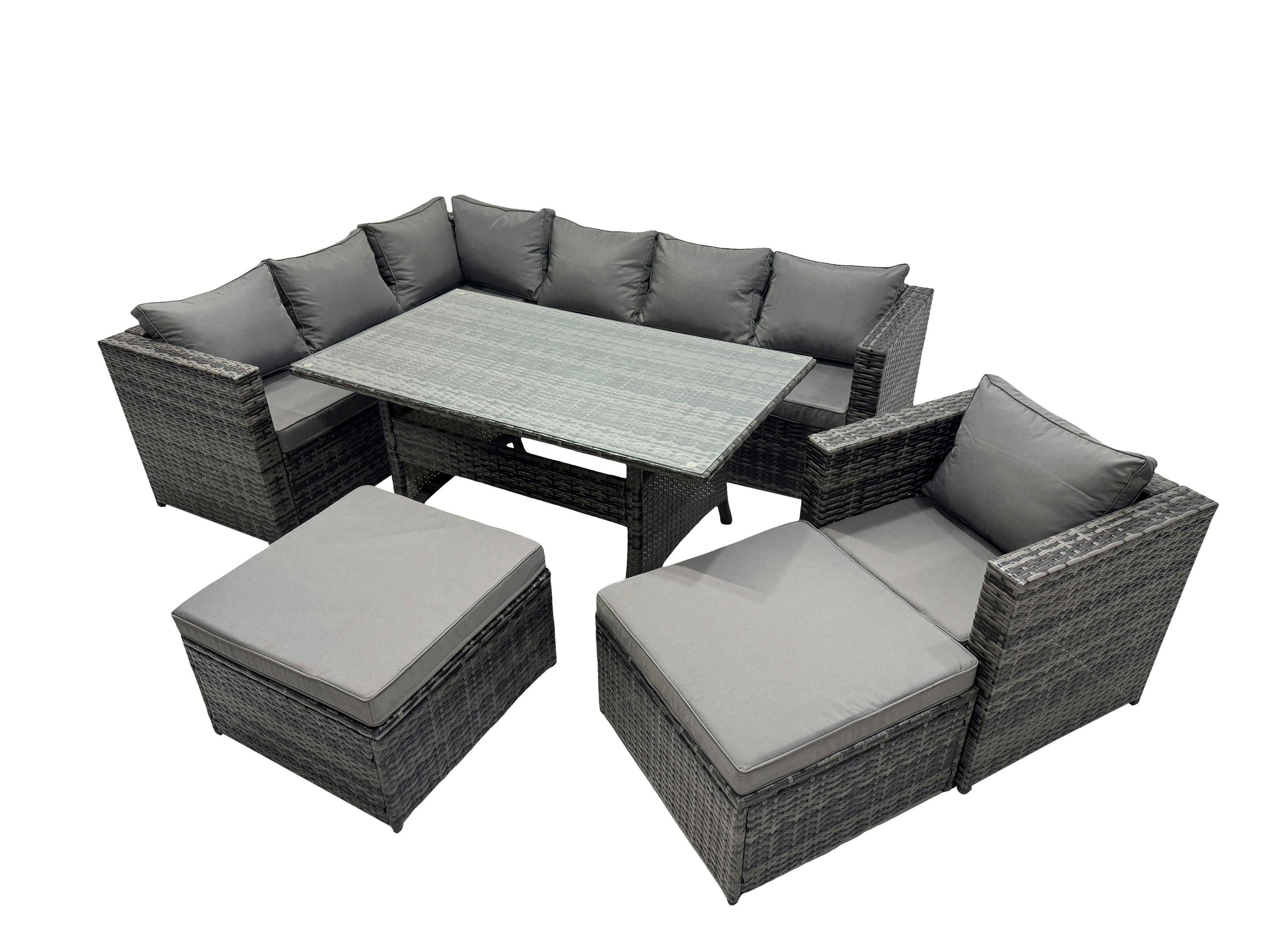 Rackhams Dark/Grey Outdoor Pe Rattan Sofa Set With Dining Table Patio Garden Furniture Sets With Chair 2 Big Stools Mixed