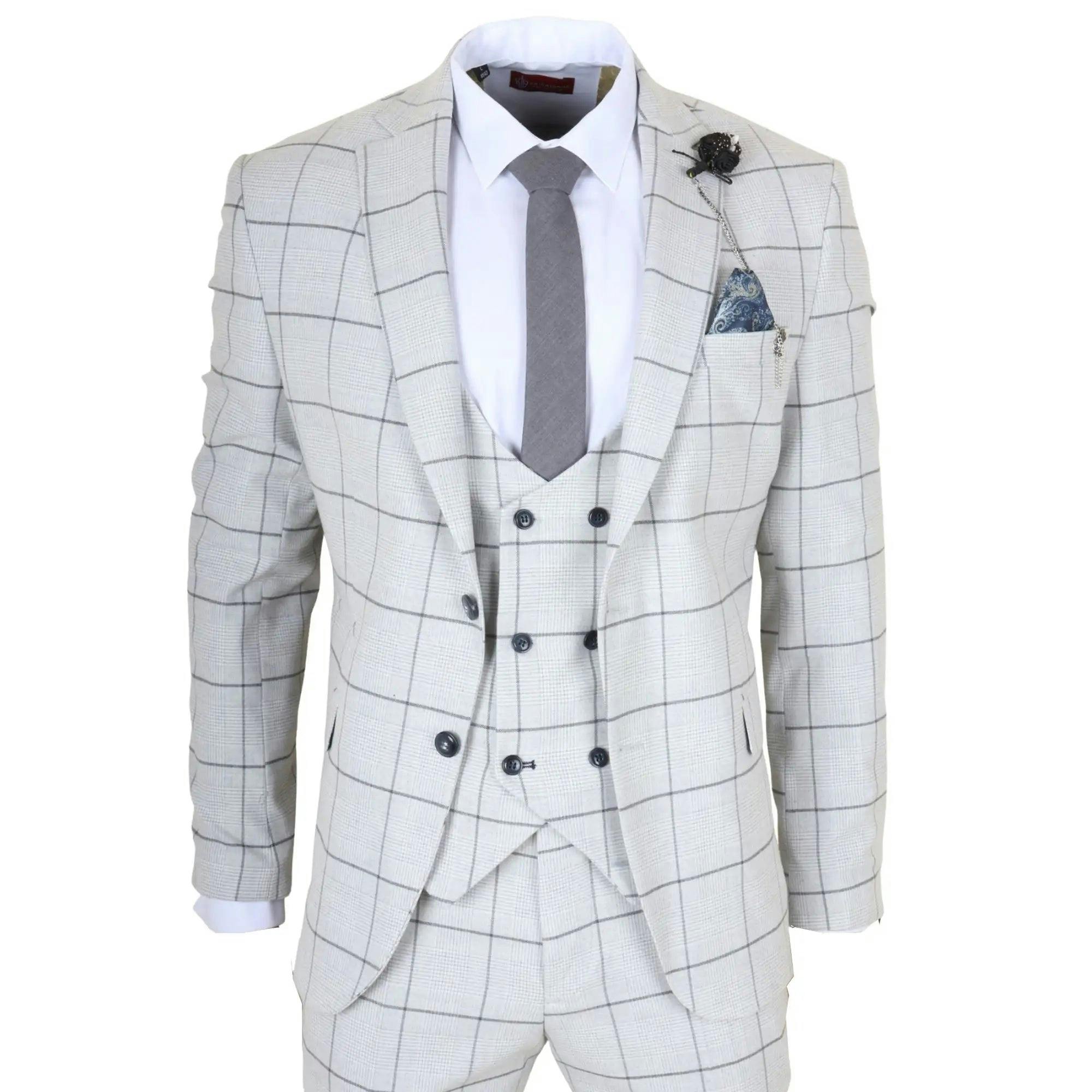 Truclothing Men's Grey Tp-33 - 3 Piece Tailored Fit Plaid Check Suit - 48" Jacket 42" Trousers