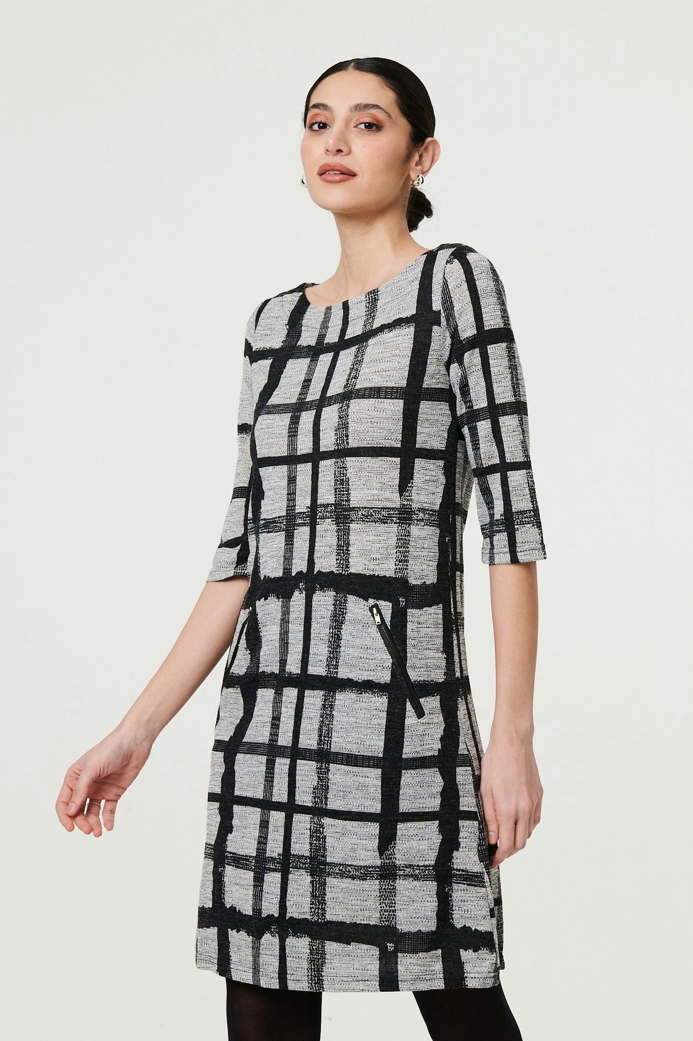 Izabel London Black Checked 3/4 Sleeve Short Shift Dress - 14