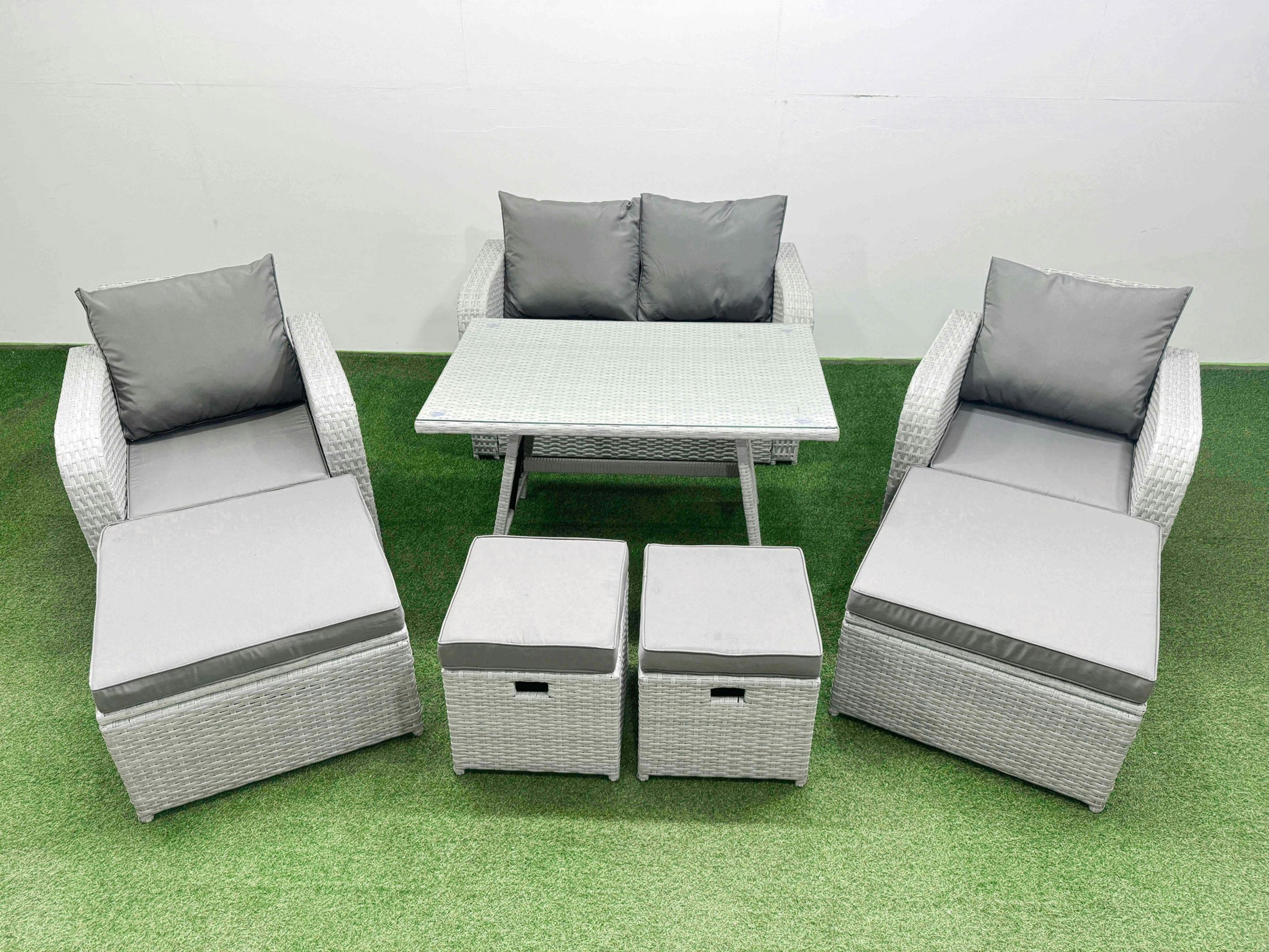Fimous Light/Grey Rattan Garden Furniture Dining Set 8 Seater Patio Rectangular Table Sofa Set With 4 Stools
