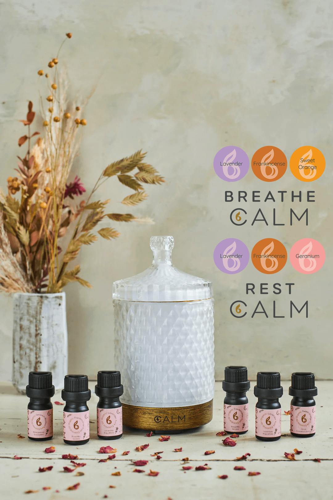 B Calm Light/Lavender Aroma Diffuser With Breathe And Rest Calm Oil Sets - Stress Relief, Sleep & Hormone Balance
