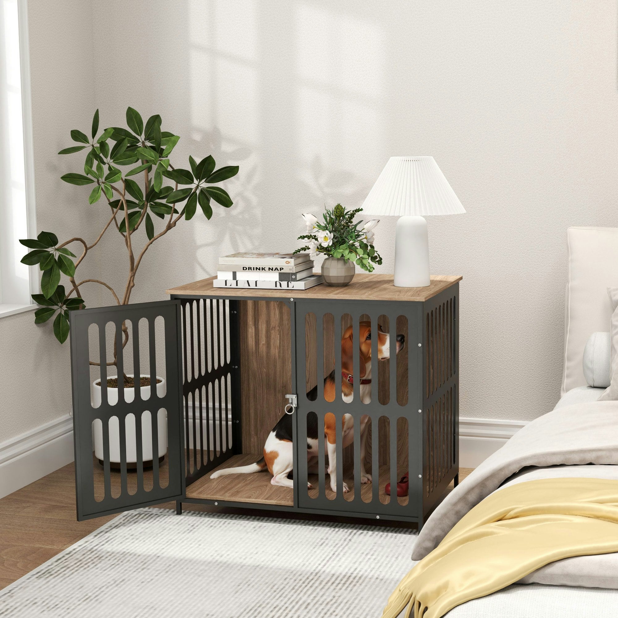 Pawhut Dog Crate Furniture With Anti-Chew Resistant Mesh For Dogs - 80 X 55 X 72 Cm