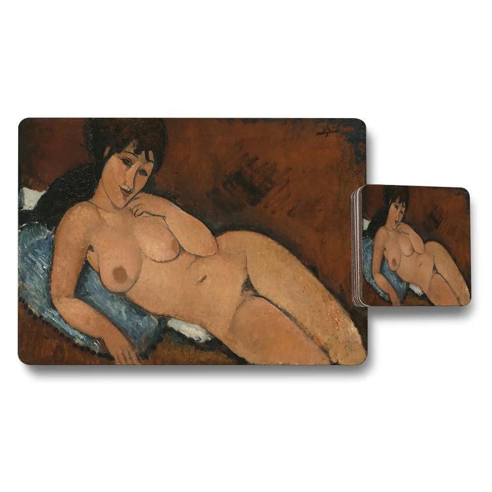 Rackhams Blue/Brown/Peach Nude Reclining Woman Art Decorative Placemat And Coaster Set
