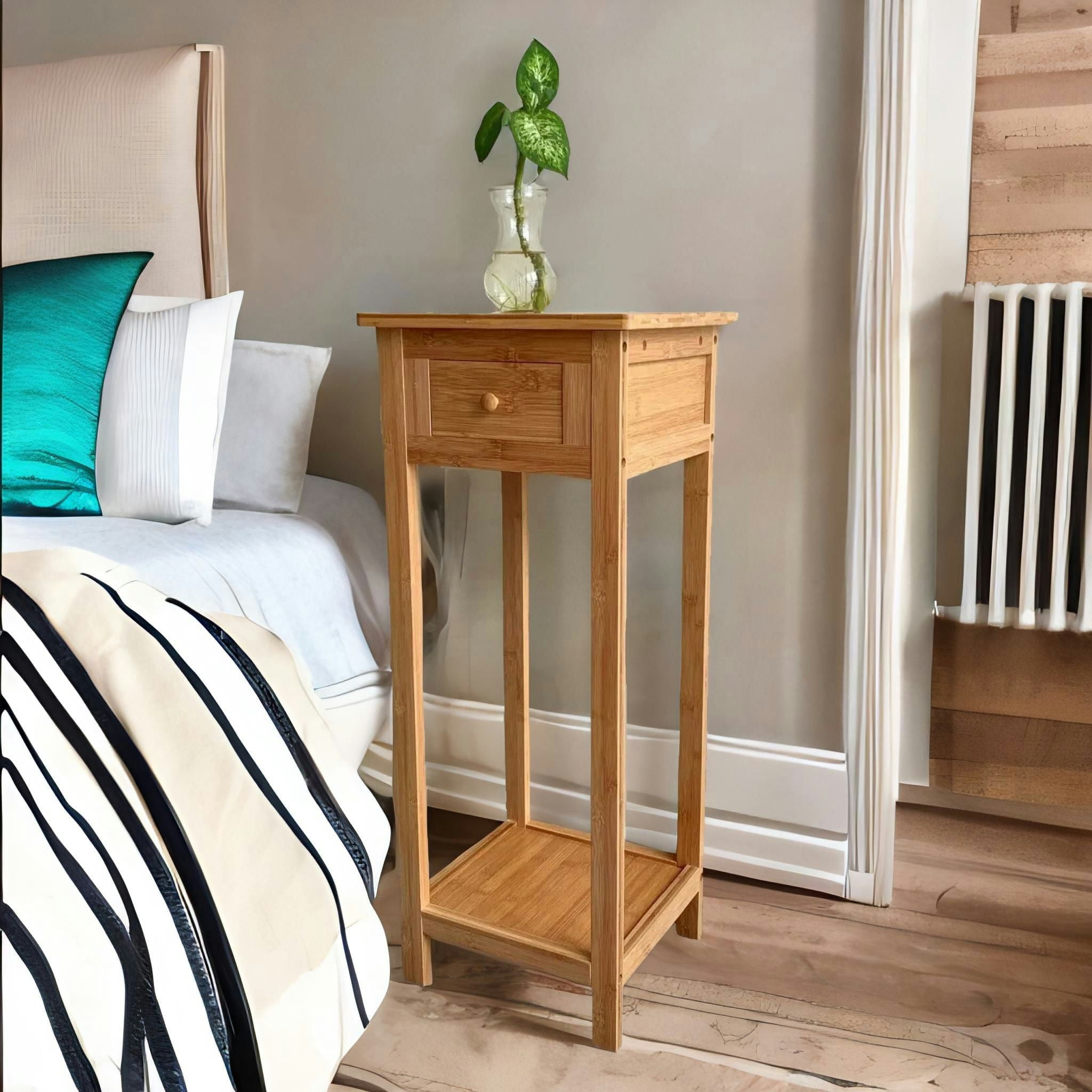 Bmbo Brown 2 Tier Tall Wooden Side Table With Drawer Natural