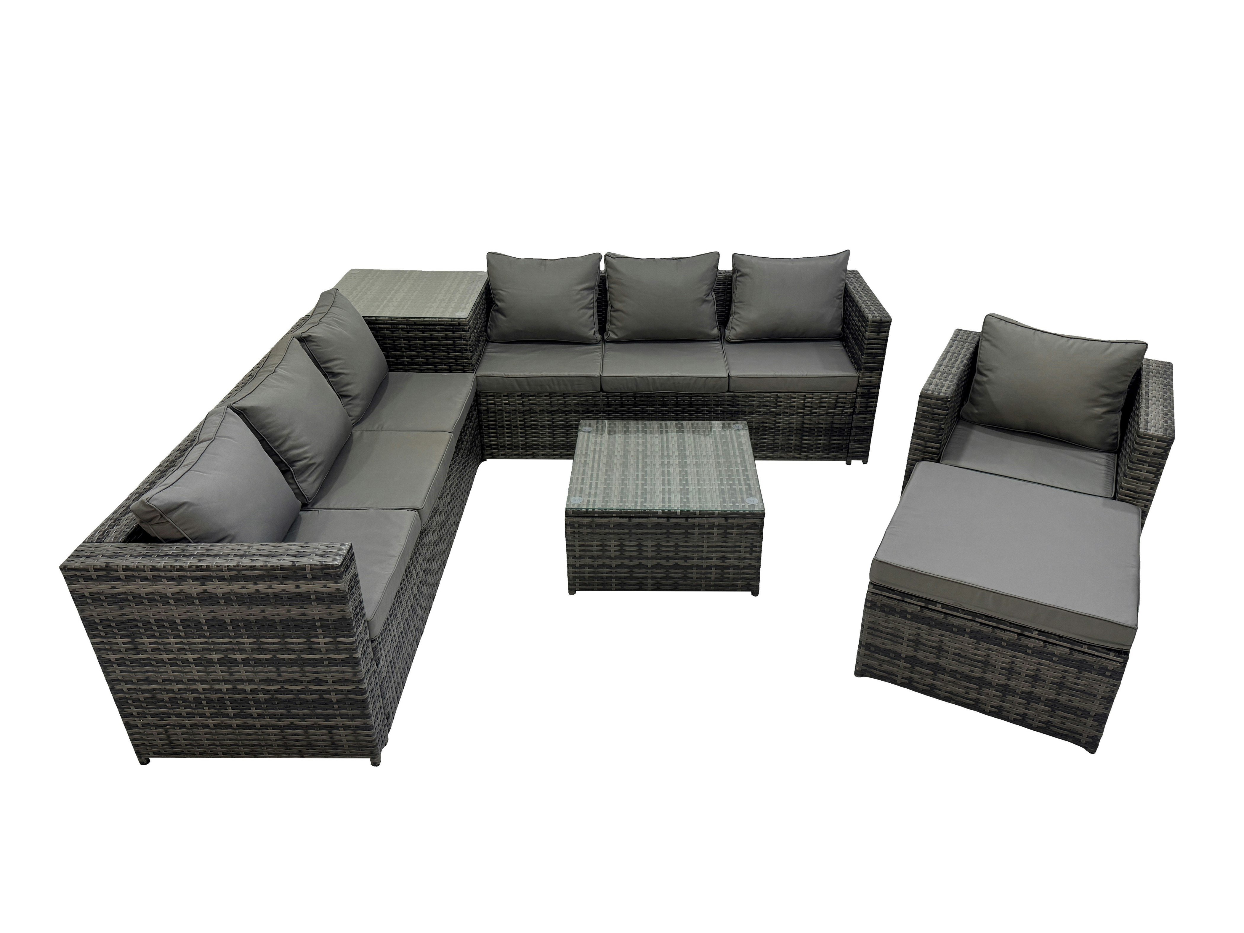 Fimous Dark/Grey 8 Seater Garden Outdoor Rattan Furniture Set Patio Corner Sofa Coffee Table With Side Table Big Stool