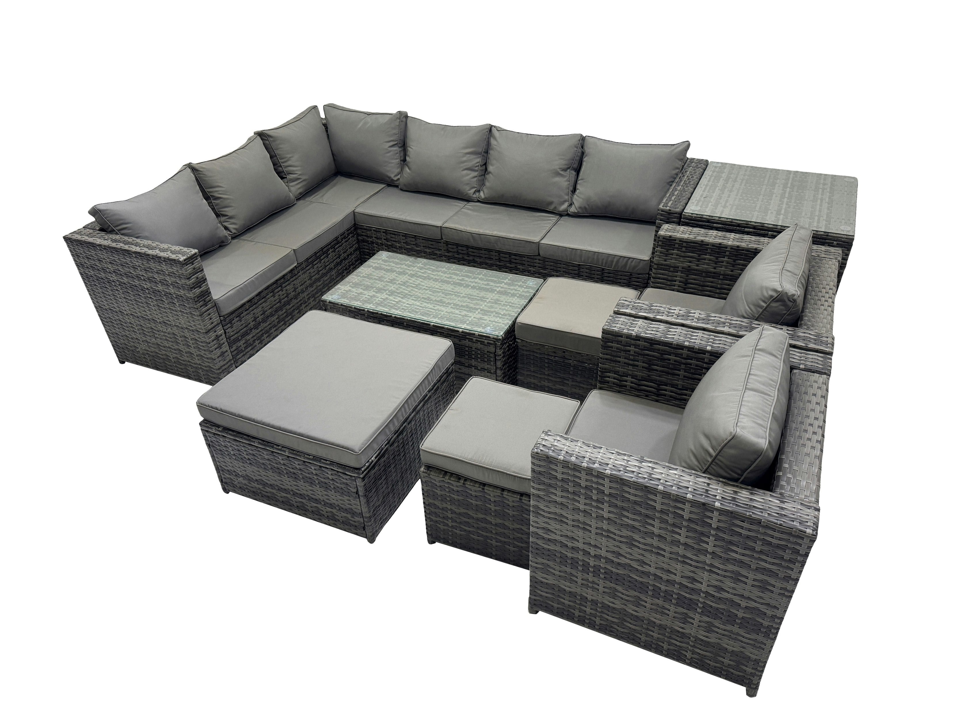 Rackhams Dark/Grey Outdoor Rattan Rectangular Coffee Table Corner Sofa Sets Garden Furniture Set With 2 Chairs 3 Stools Side Table Mixed