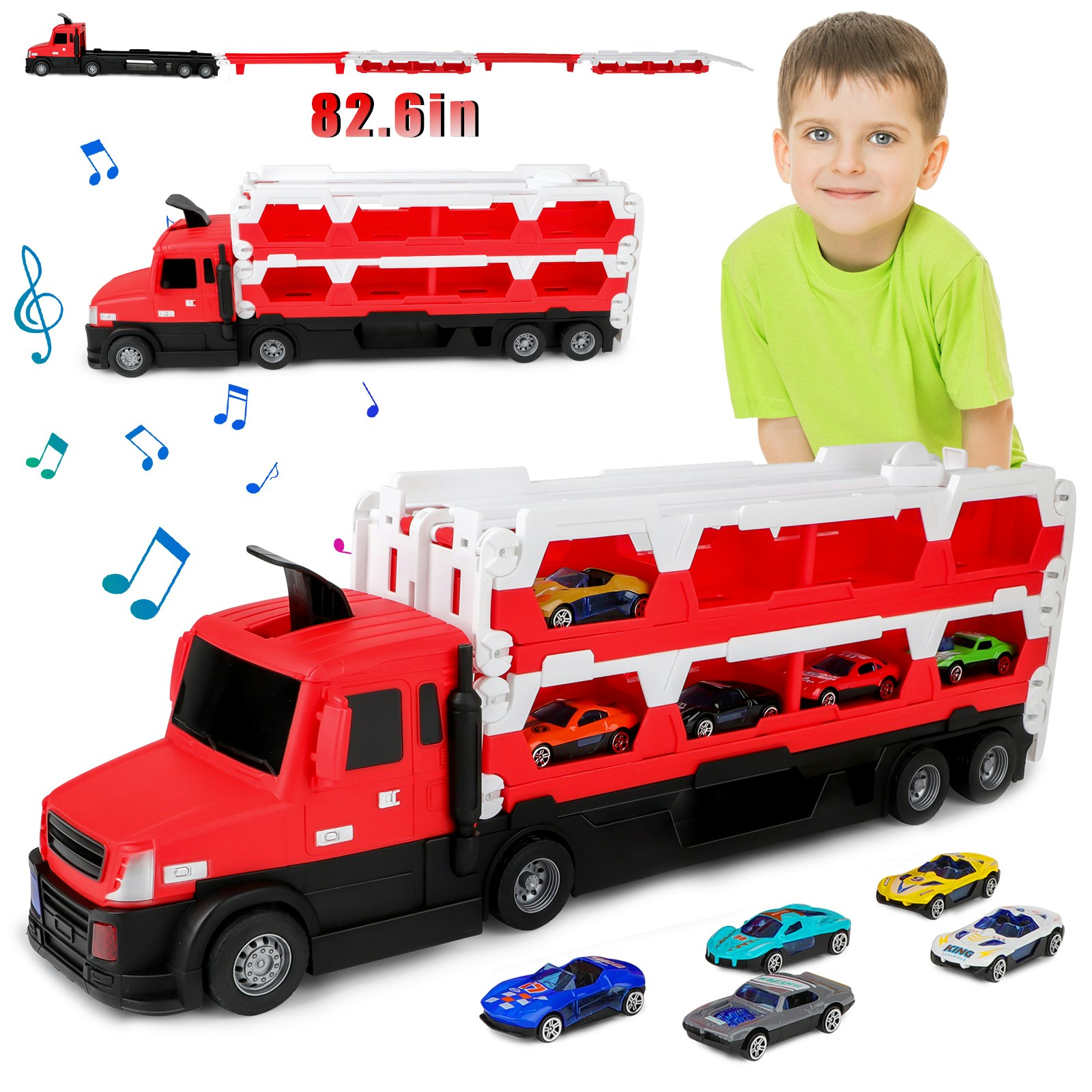 Deao Toys Red 2-In-1 Alloy Car Transport Truck Toy Set Versatile Foldable Catapult Race Track Set - 3+ - Car Transport Truck
