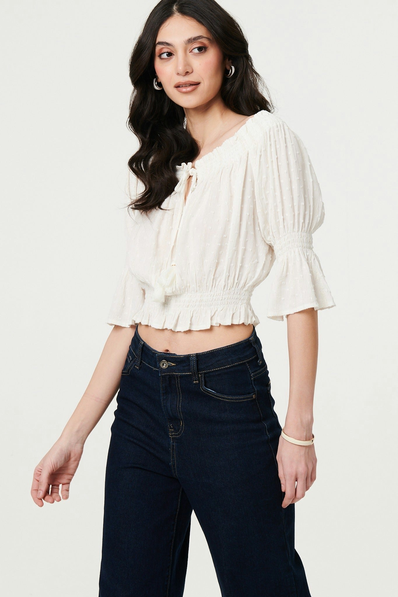 Izabel London White Textured Bardot Ruched Crop Top - 12