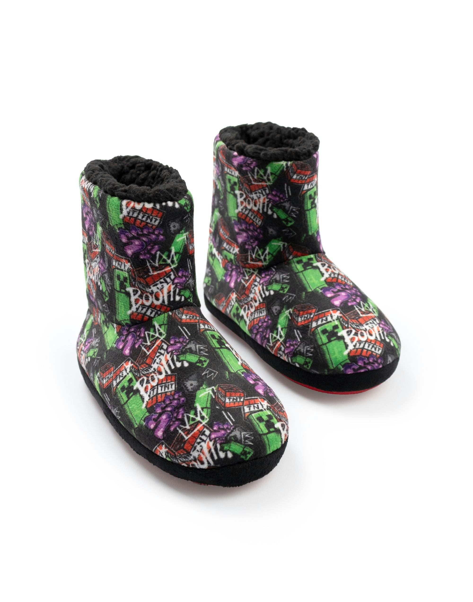 Vanilla Underground Boys Minecraft Multicoloured Grafitti All Over Print Slipper Boots - 1 Uk Child