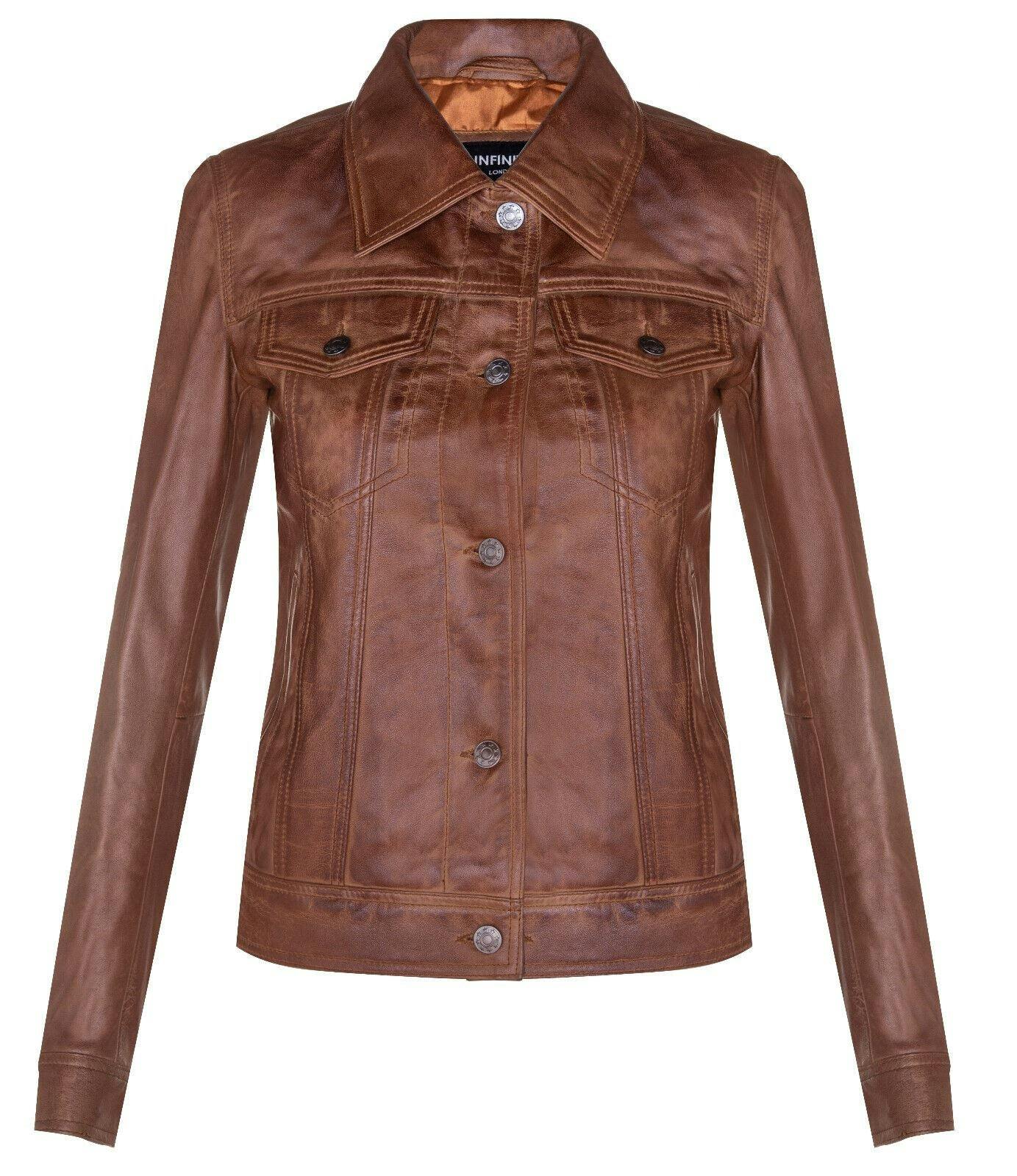 Infinity Leather Women's Tan Leather Trucker Jeans Jacket-Anderlecht In | Size: 8 - Image 2