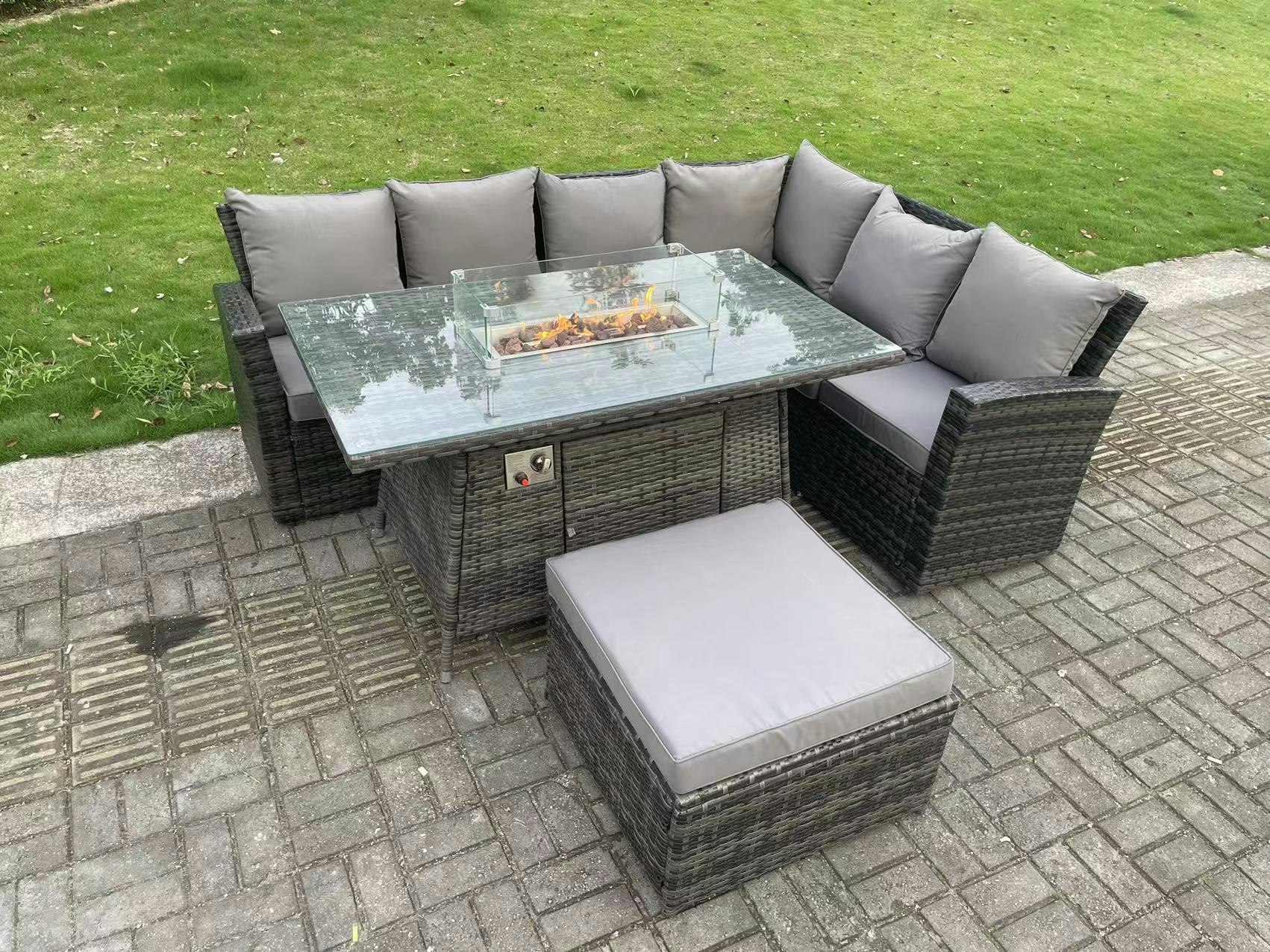 Rackhams Dark/Grey 7 Seater?Outdoor High Back Rattan Gas Fire Pit Corner Sofa Dining Set Garden Furniture Heater Dining Table Mixed Right Side