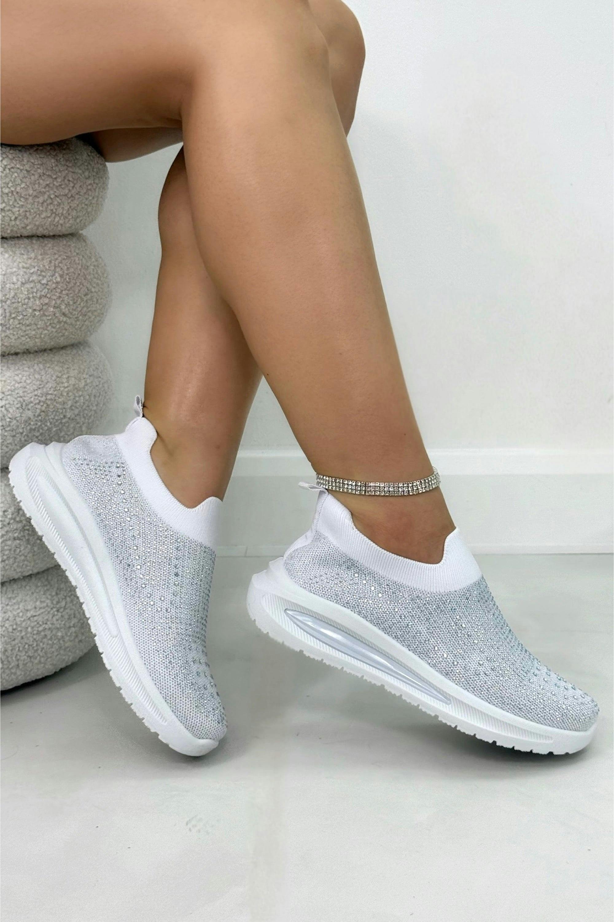 Love Lemonade Women's White Crystal Comfort Aura Stretch Sock Slip On Trainers - Uk 5 - Eu 38 - Us 7