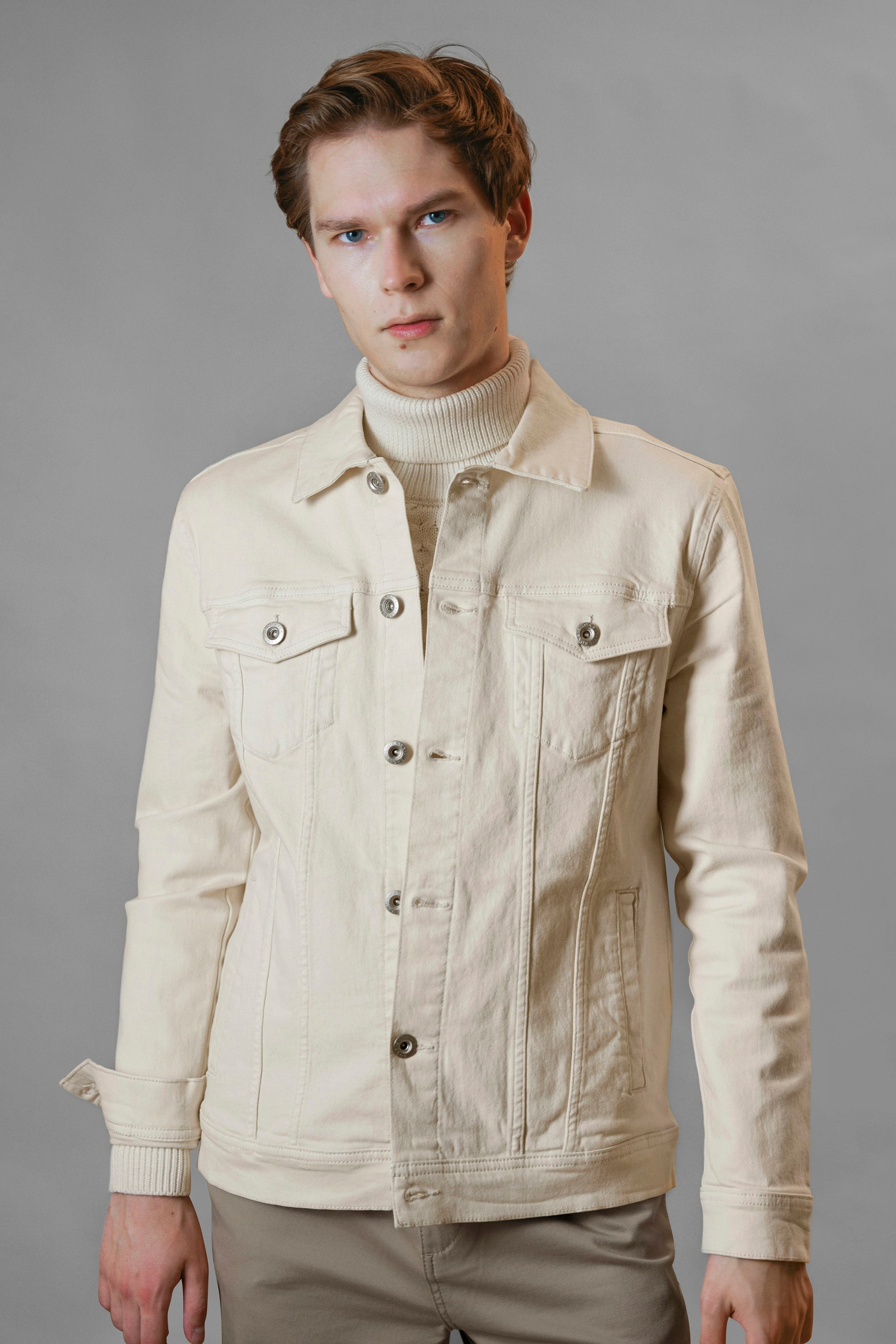 Enorsia Men's White Ecru Classic Denim Jacket - Xxl - Ecru - 98.5% Cotton, 1.5% Spandex